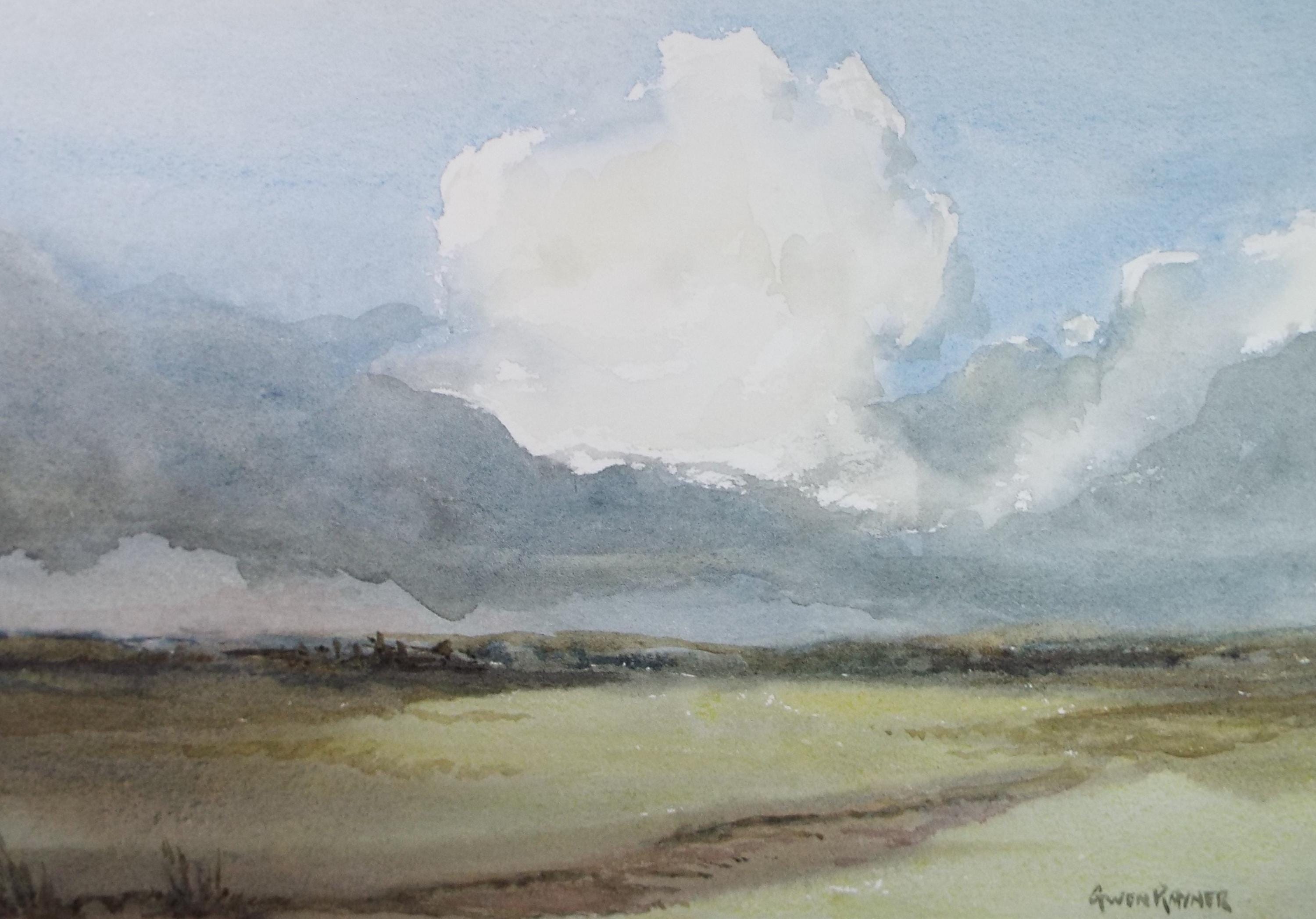 Original Watercolour, 'Moorland below a cloudy sky', Gwen Rayner, c1970's