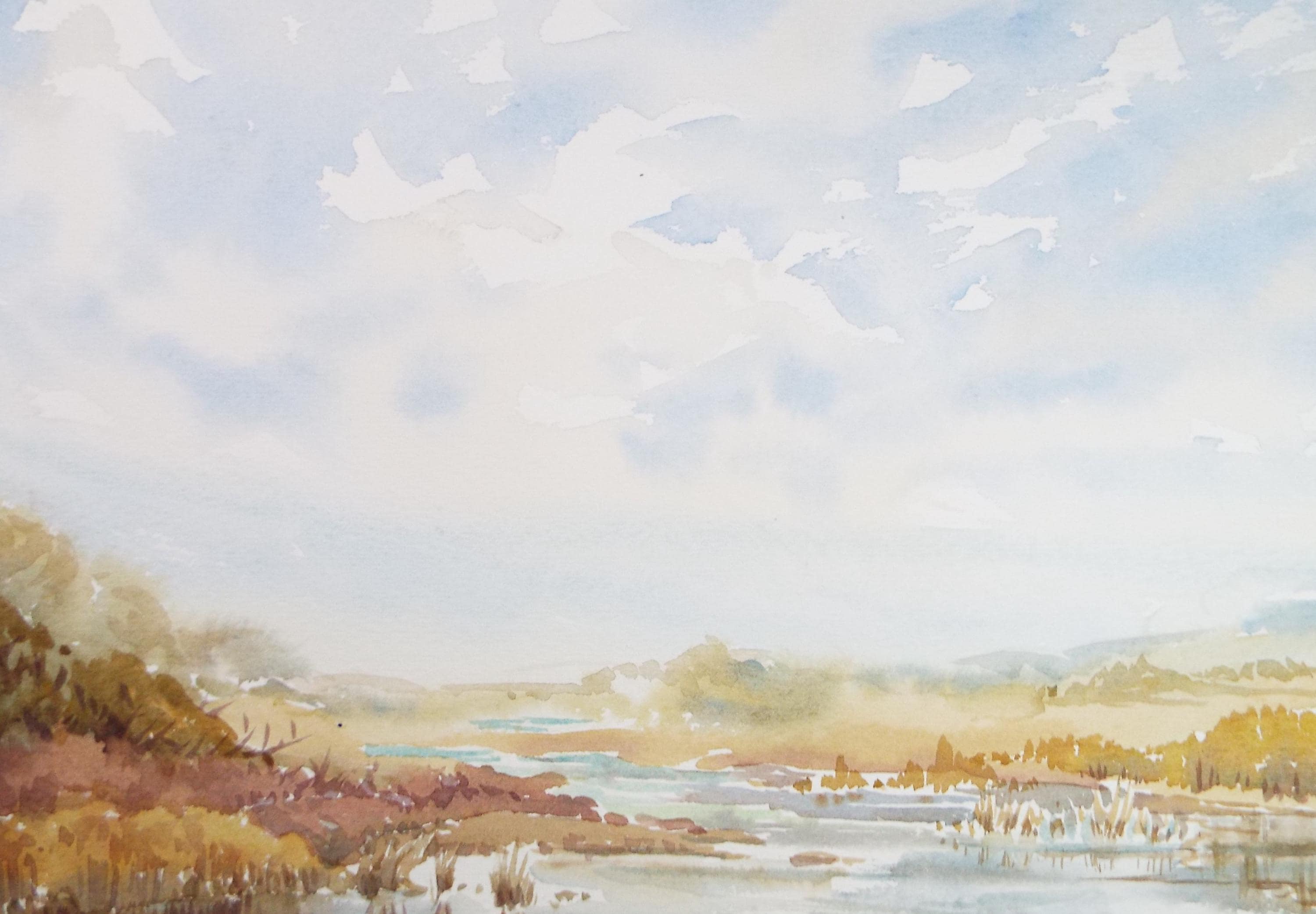 Original Watercolour, 'River though moorland', Gwen Rayner, c1970's