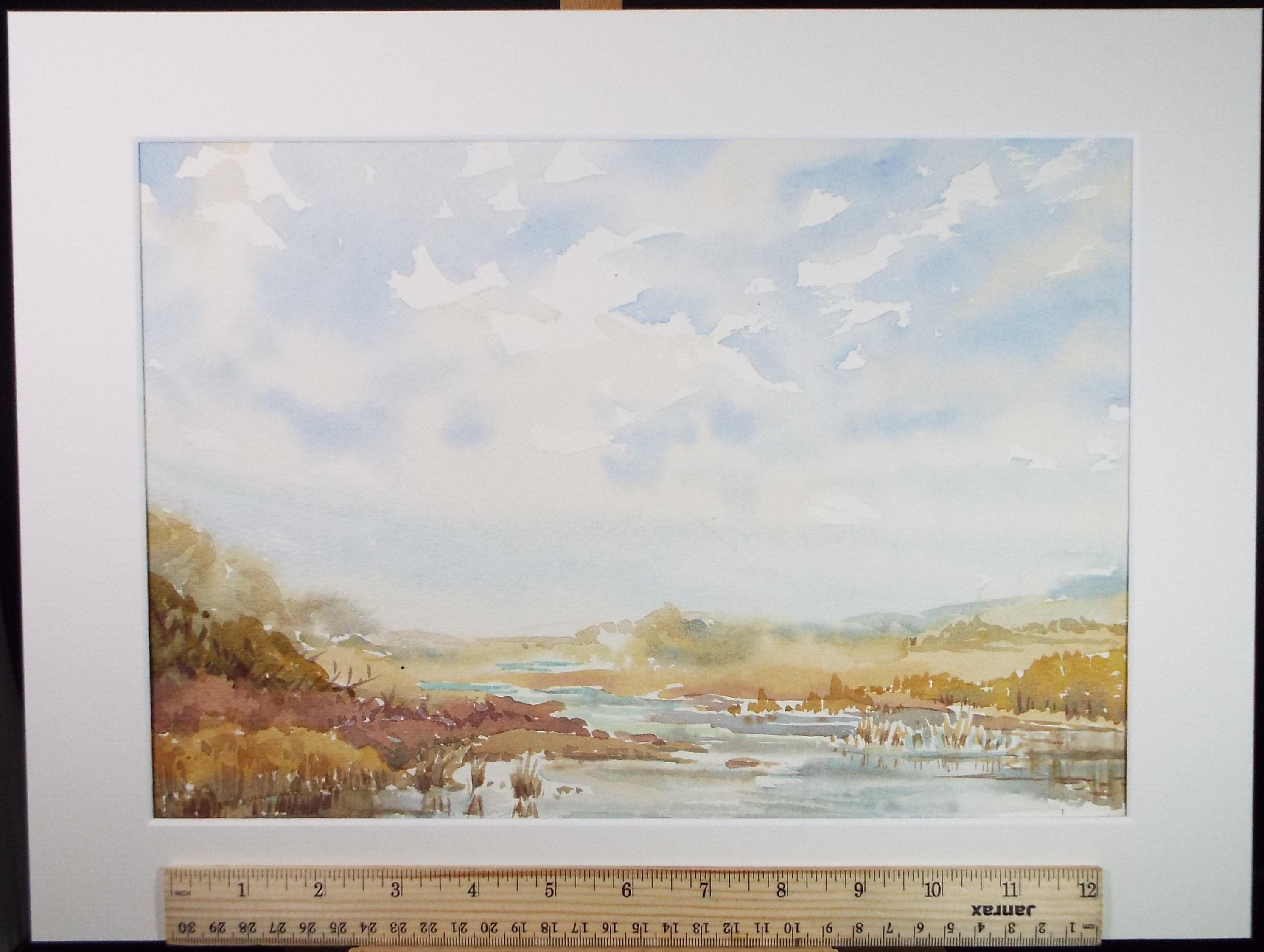 Original Watercolour, 'River though moorland', Gwen Rayner, c1970's
