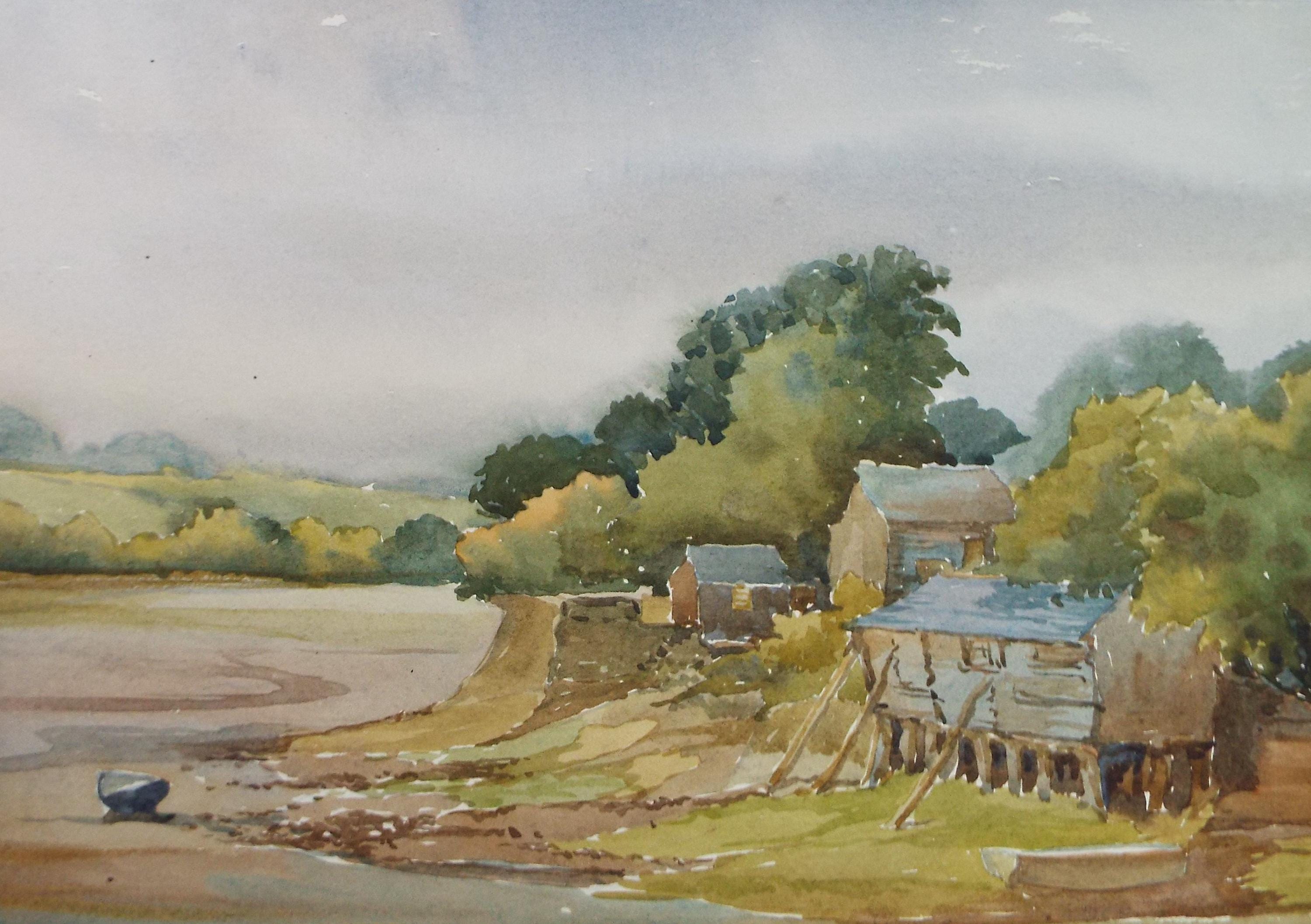 Original Watercolour, 'Riverside Buildings', Gwen Rayner, c1970's