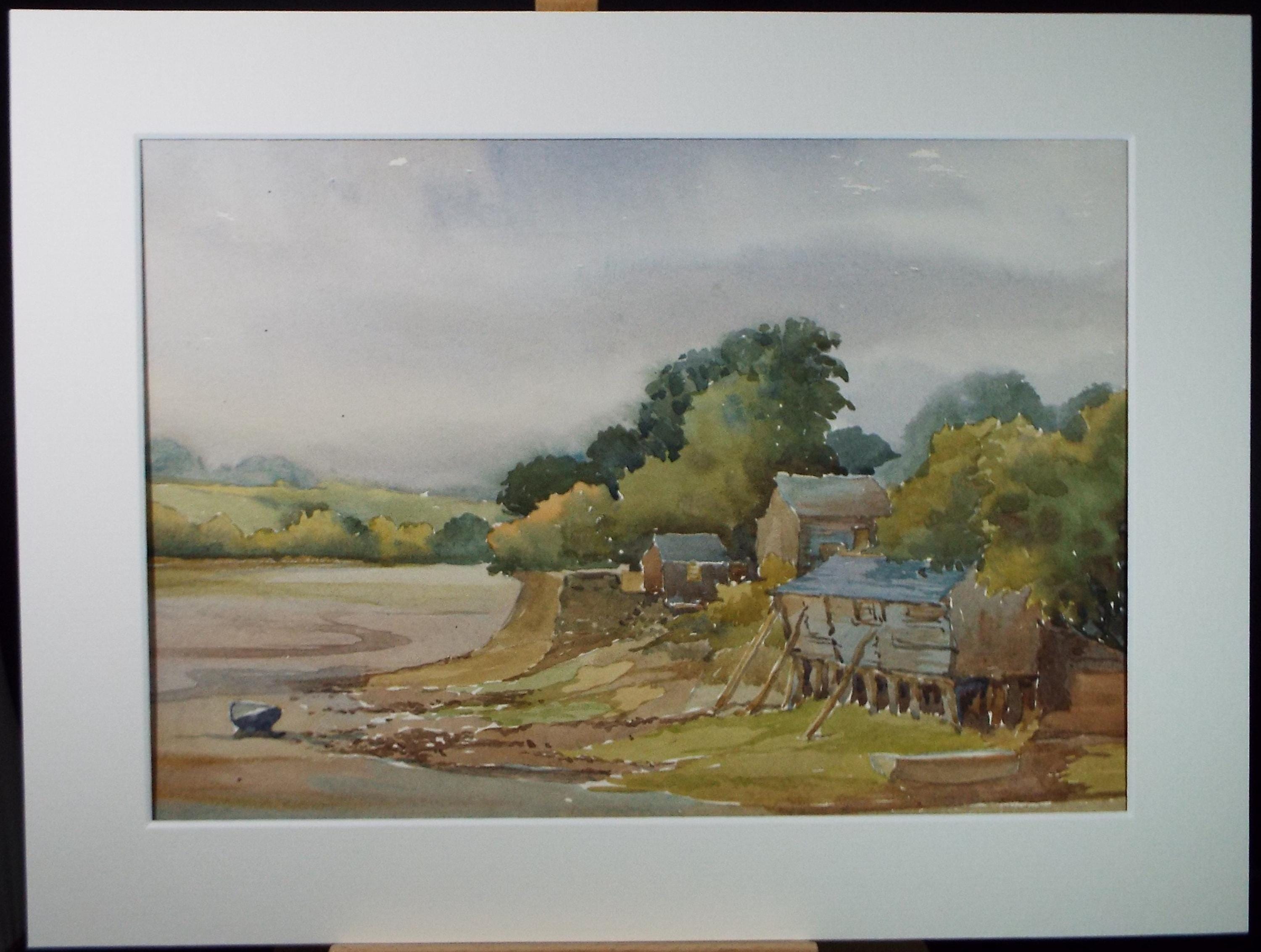 Original Watercolour, 'Riverside Buildings', Gwen Rayner, c1970's
