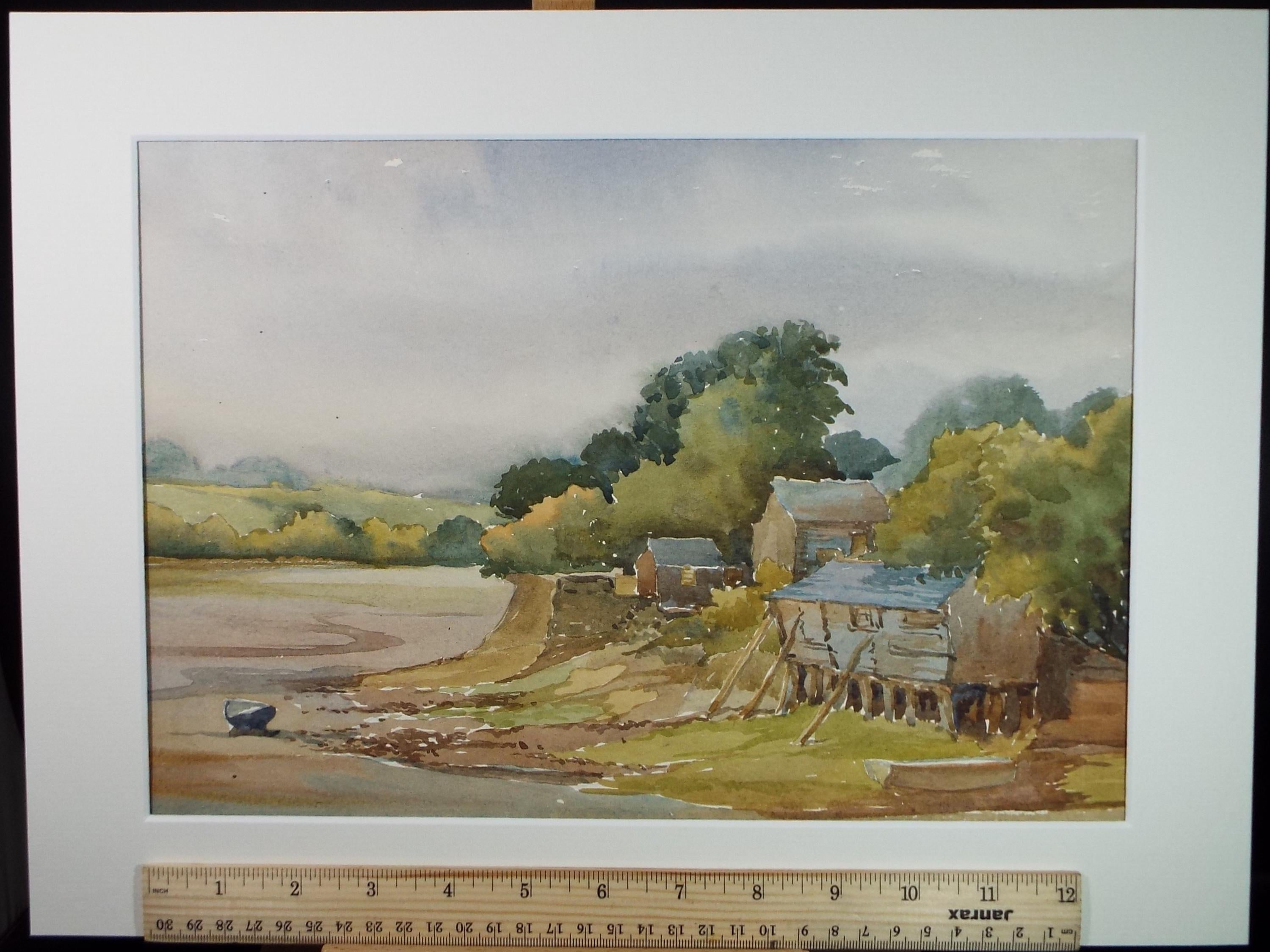 Original Watercolour, 'Riverside Buildings', Gwen Rayner, c1970's