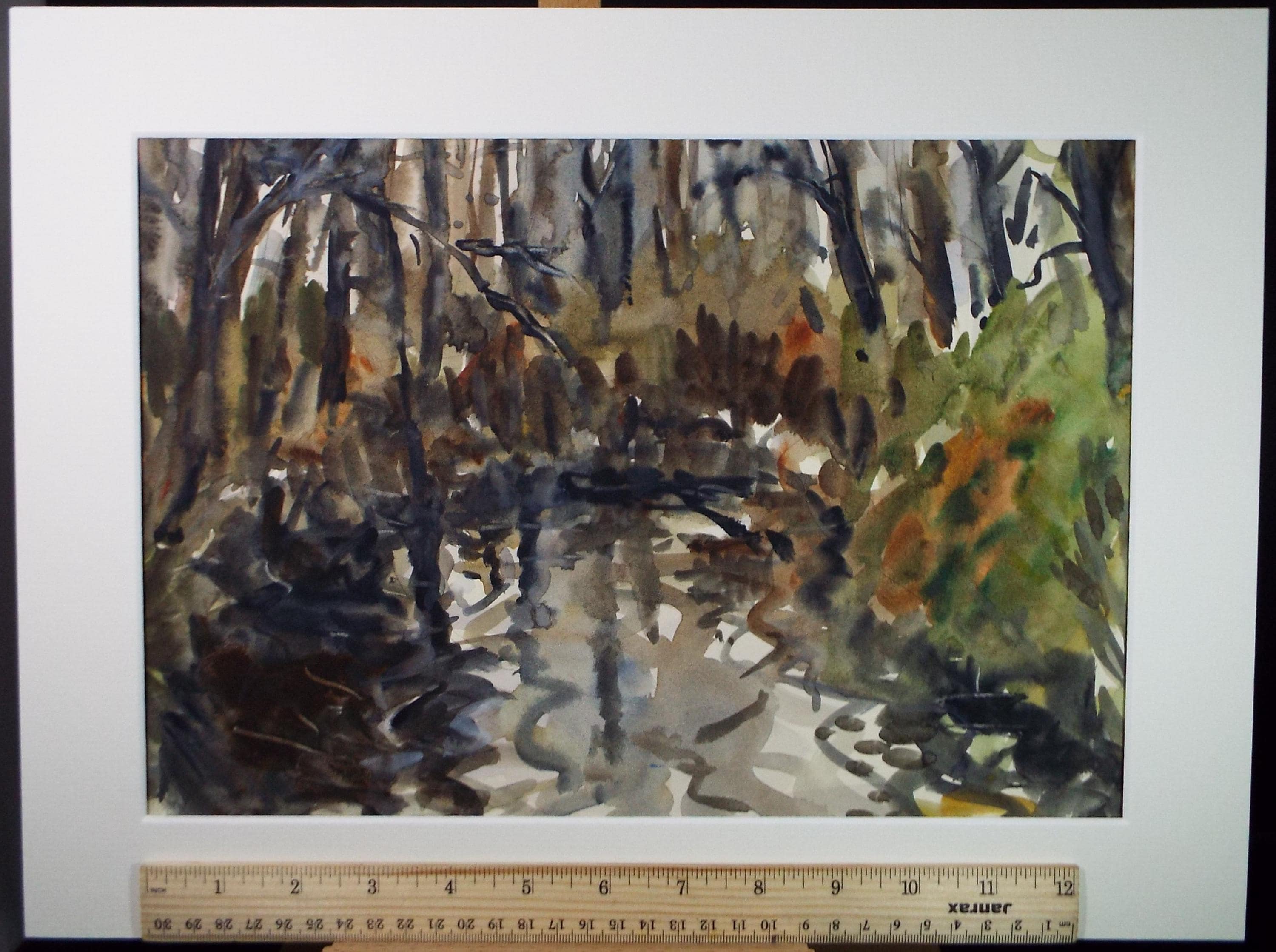 Watercolor Painting: Woodland Stream, 1990s, 16x12" Matted