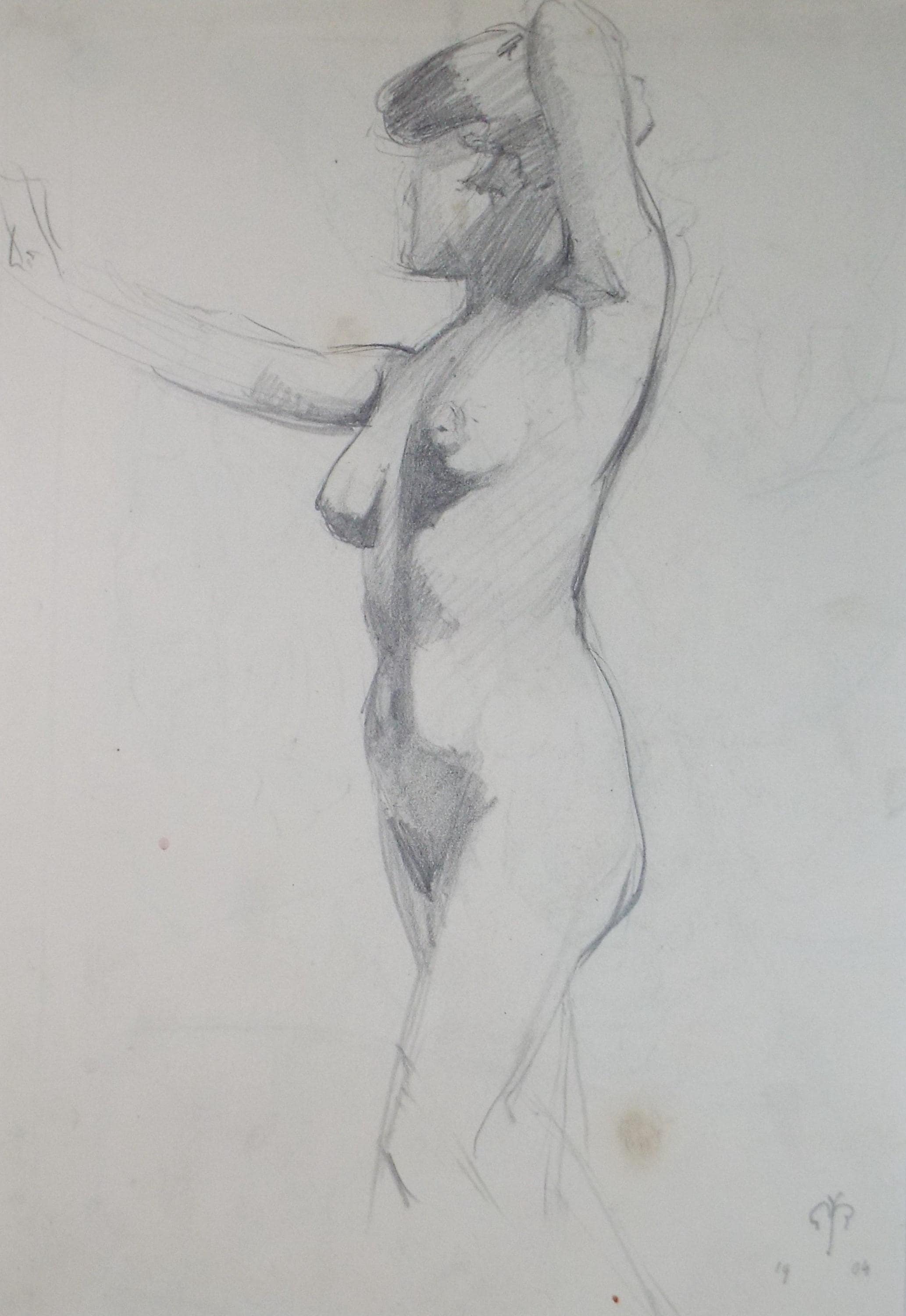 Original Pencil Drawing, 'Female Standing Nude', Dated 1904, Initials GR