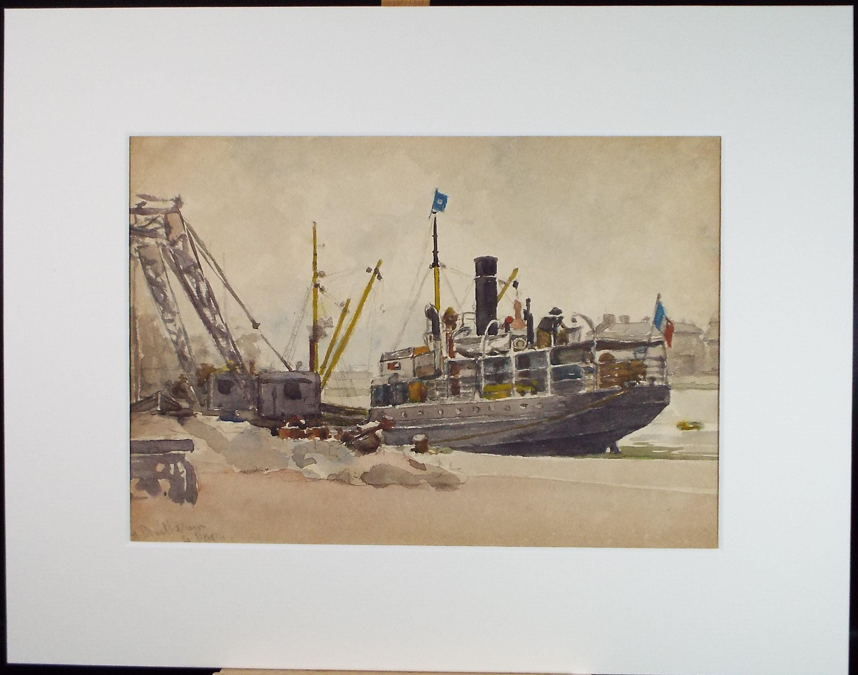 Original Watercolour, 'Freighter, Le Havre', 20th Century French school, 1929