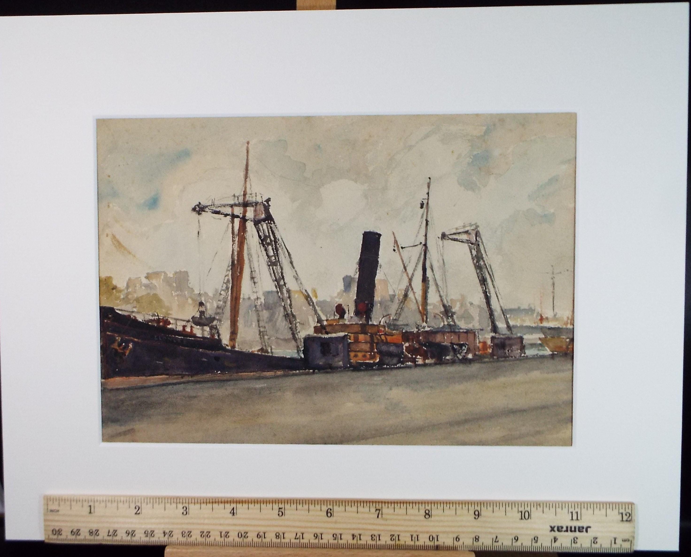 Original Watercolour, 'Freighter', 20th Century French school, 1928