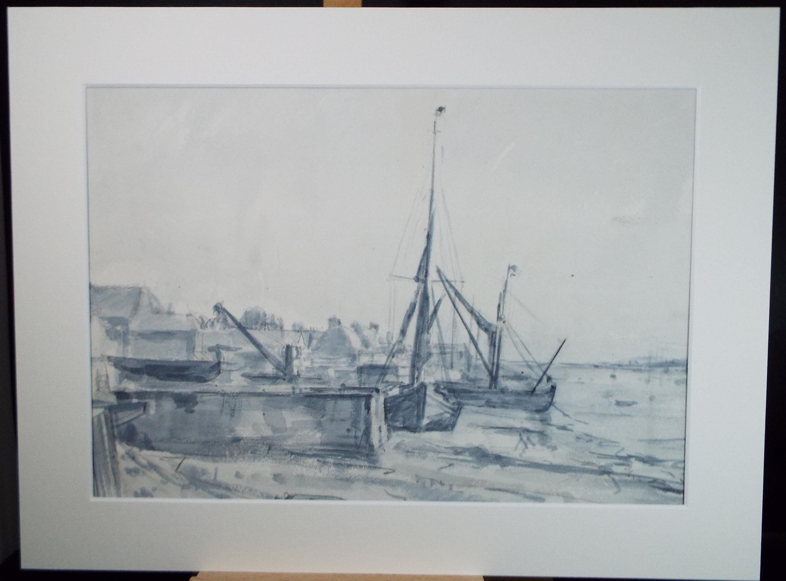 Original Watercolour, 'Boats on the shore', A E Borthwick (1871-1955), circa 1940's