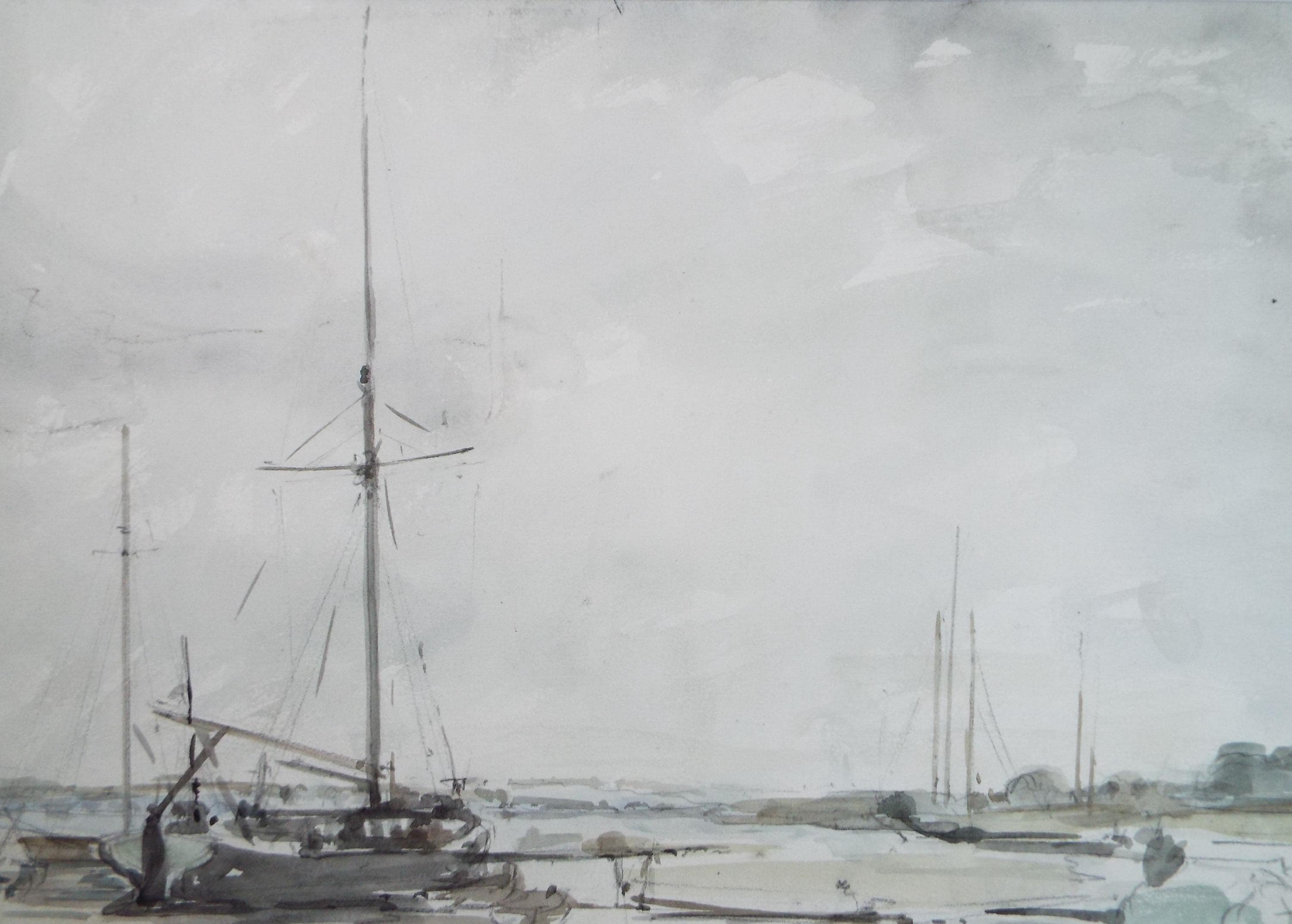 Original Watercolour, 'Boats on the shore', A E Borthwick (1871-1955), circa 1940's
