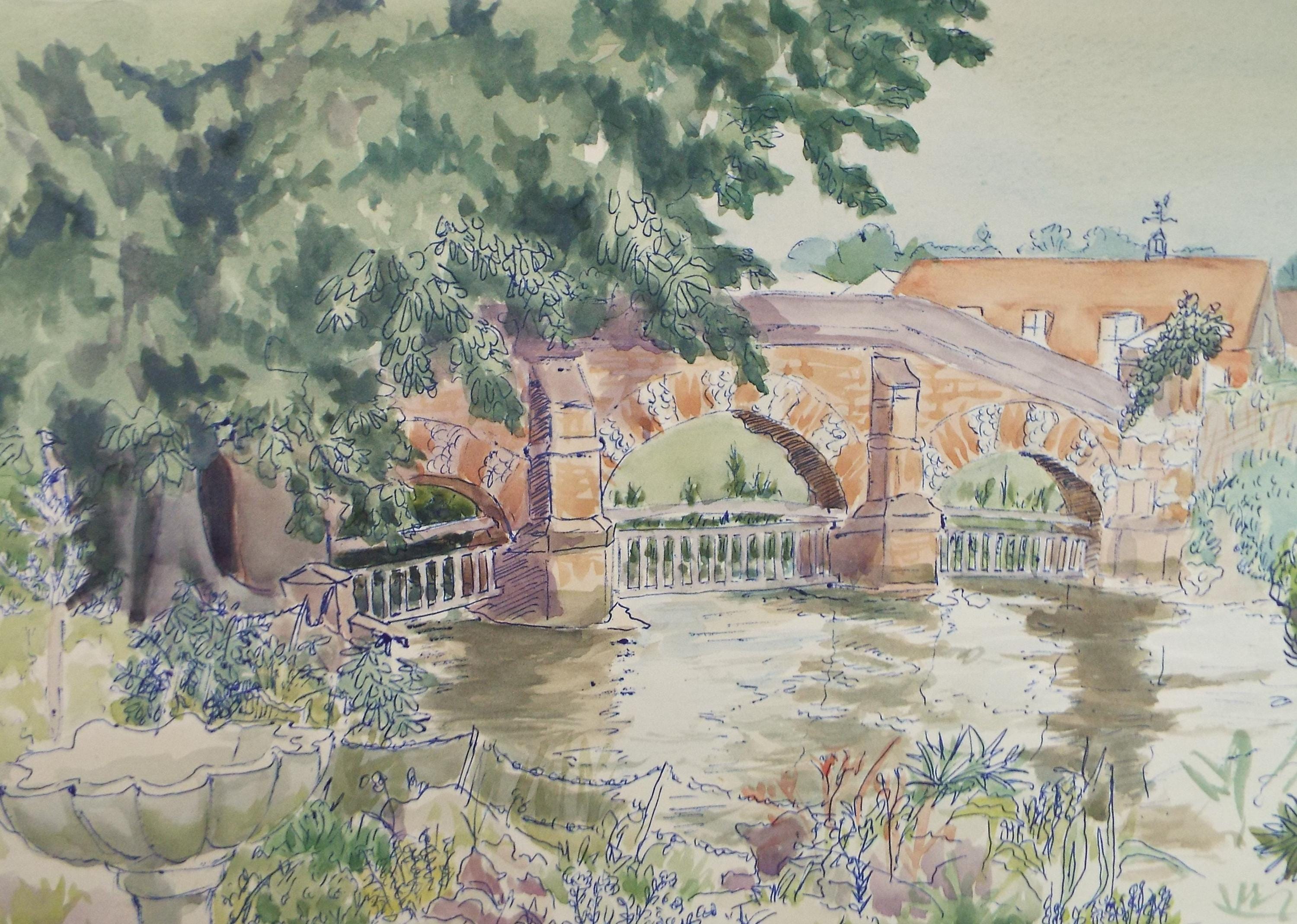 Original Watercolour, 'Bridge over the River', A E Borthwick (1871-1955), Circa 1940's