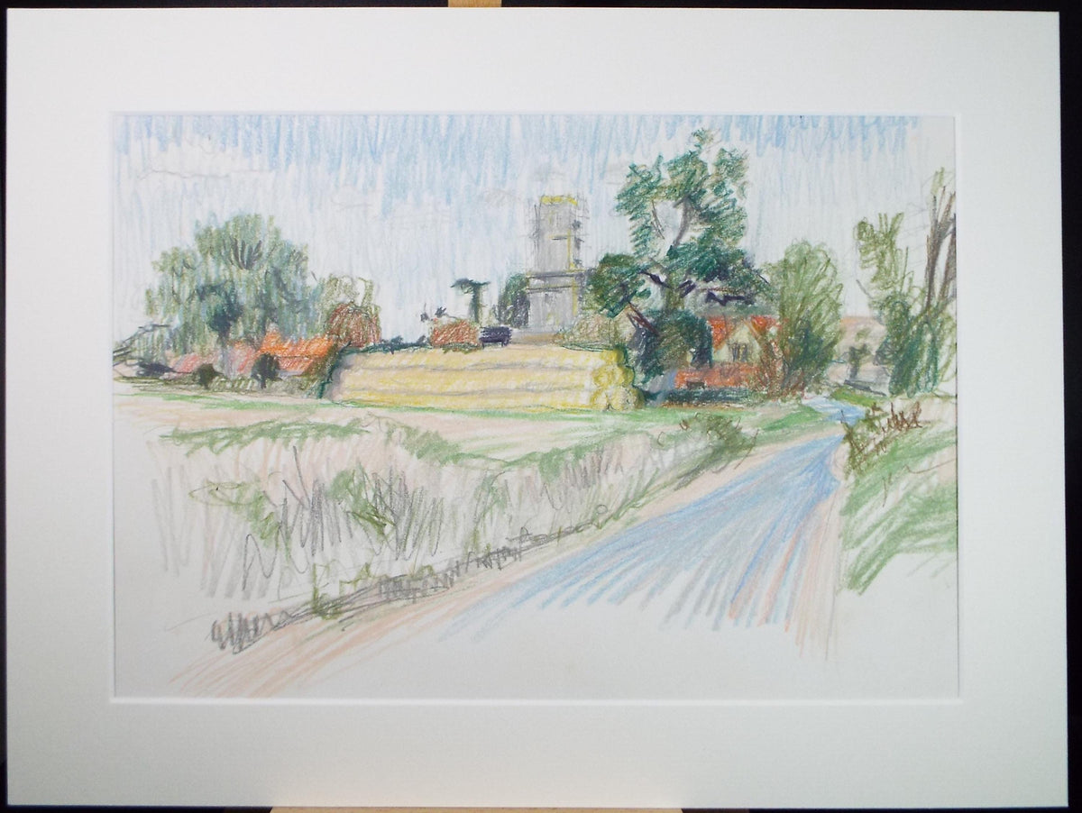 Coloured Pencil drawing 'Village with Church', Pauline Plummer (b1933)