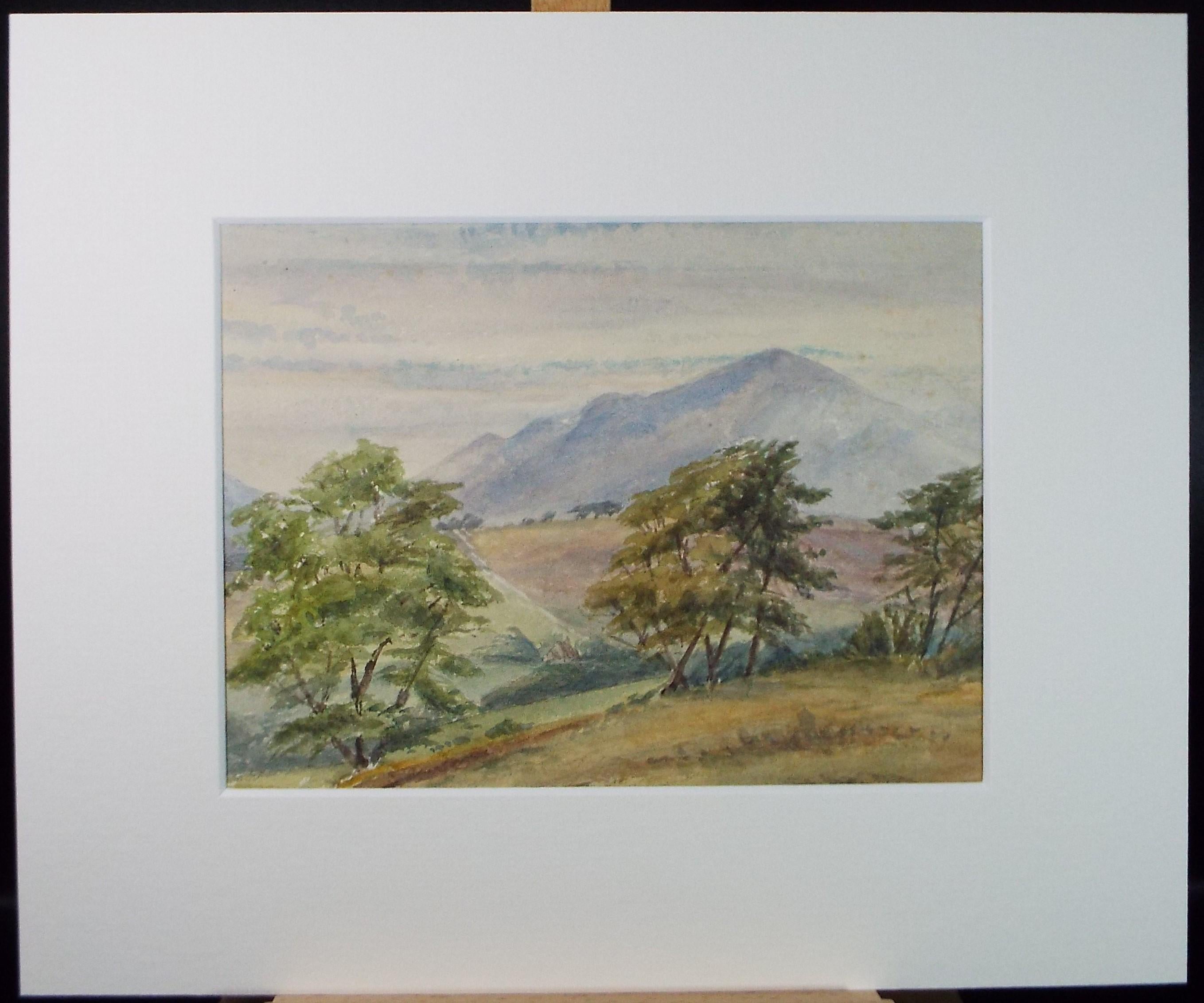 Original Watercolour Sketch, 'Landscape with distant hills', c1890, Unknown Artist