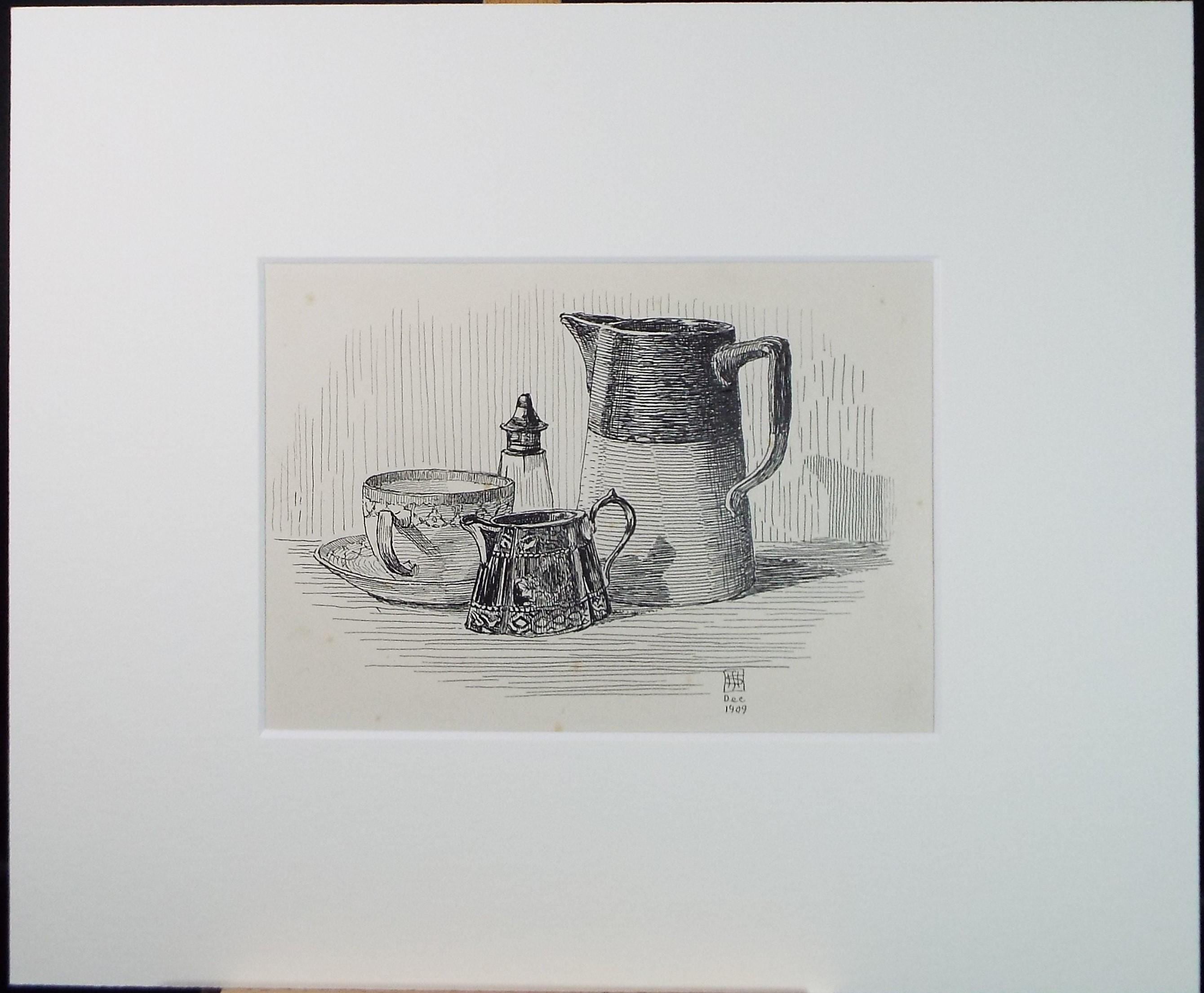 Original Pen and ink Sketch, 'Still Life of Jugs', S A Southern, Dated 1909