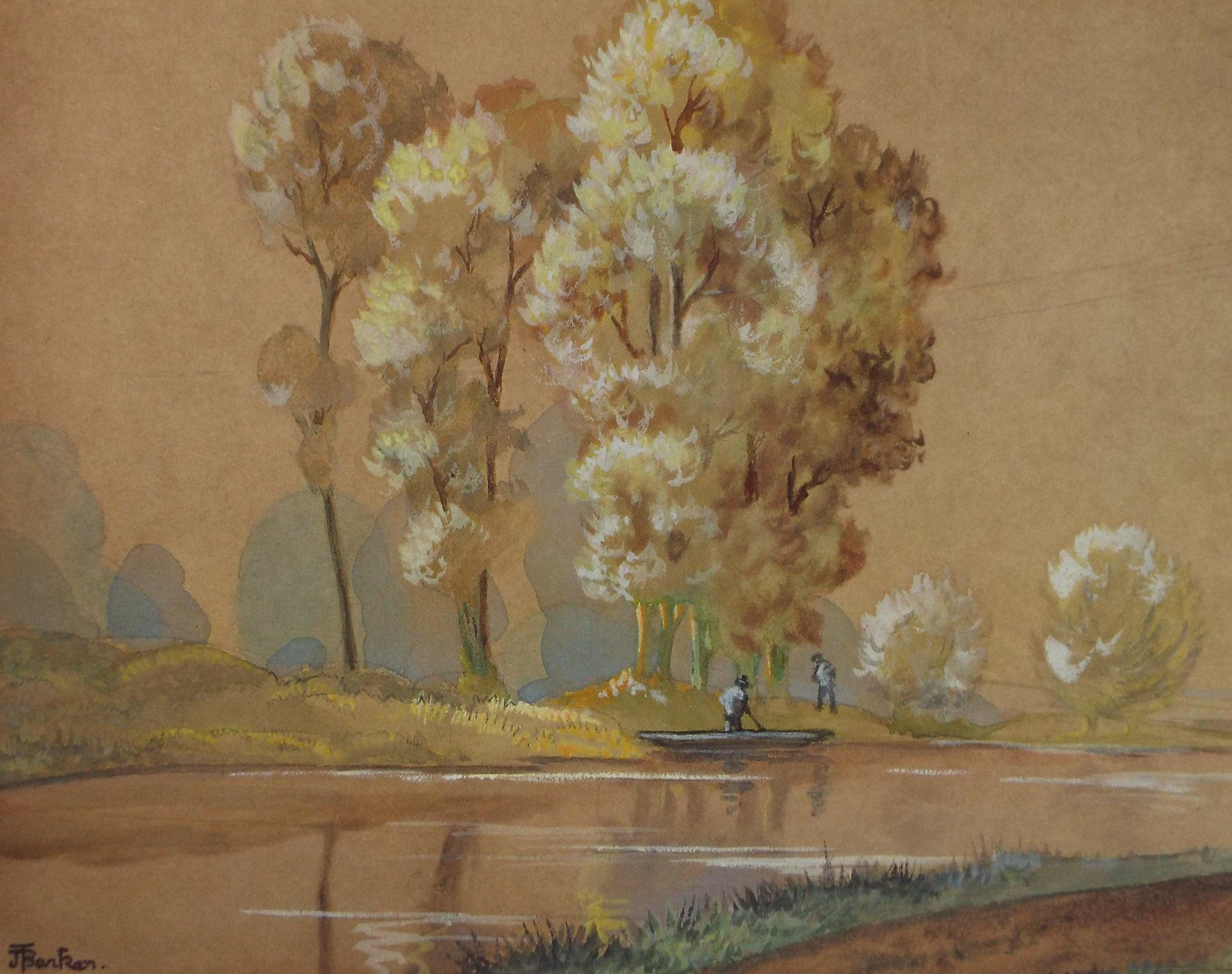 Original Watercolour & Gouache, 'Punting on the river', J Barker, circa 1930's