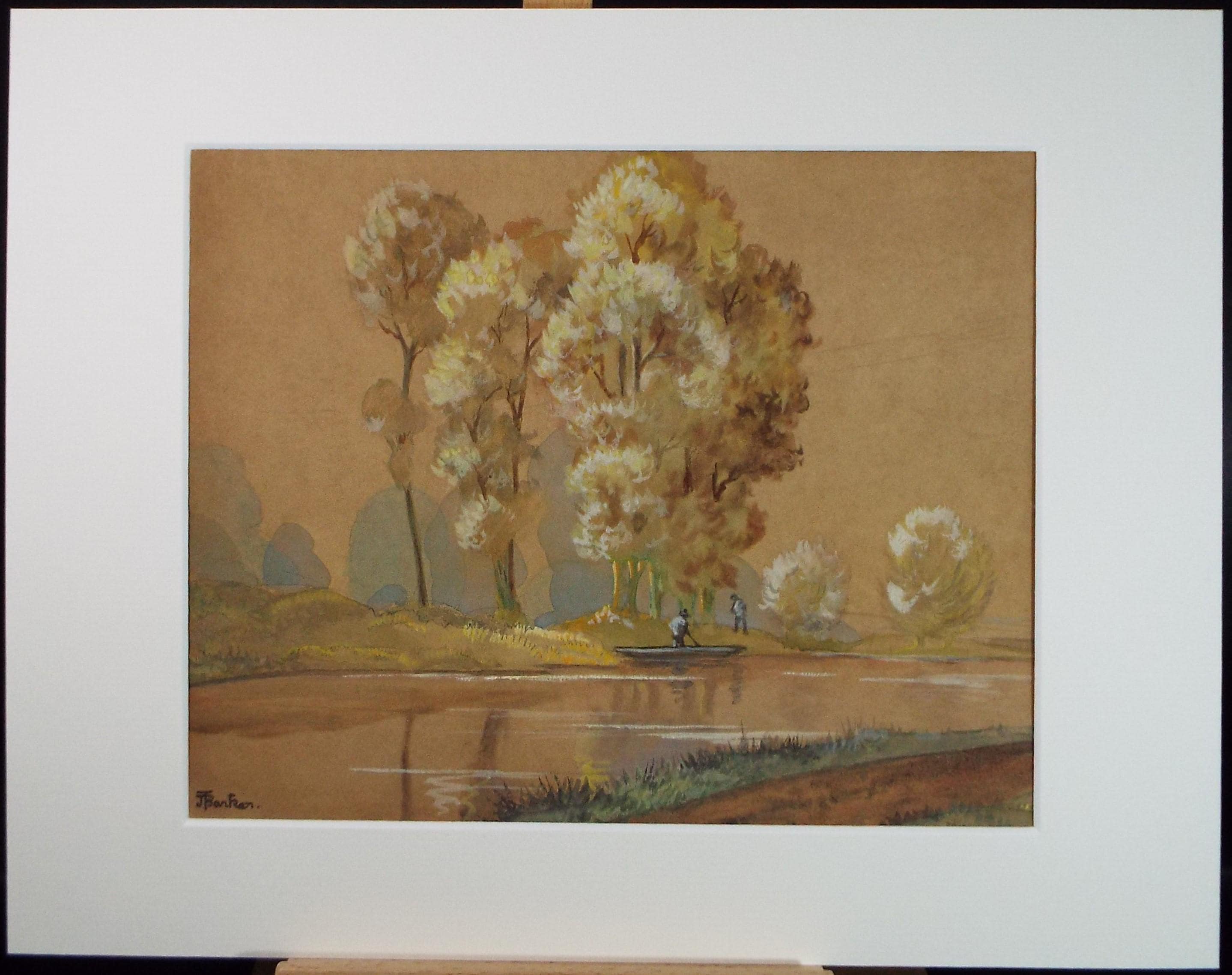 Original Watercolour & Gouache, 'Punting on the river', J Barker, circa 1930's