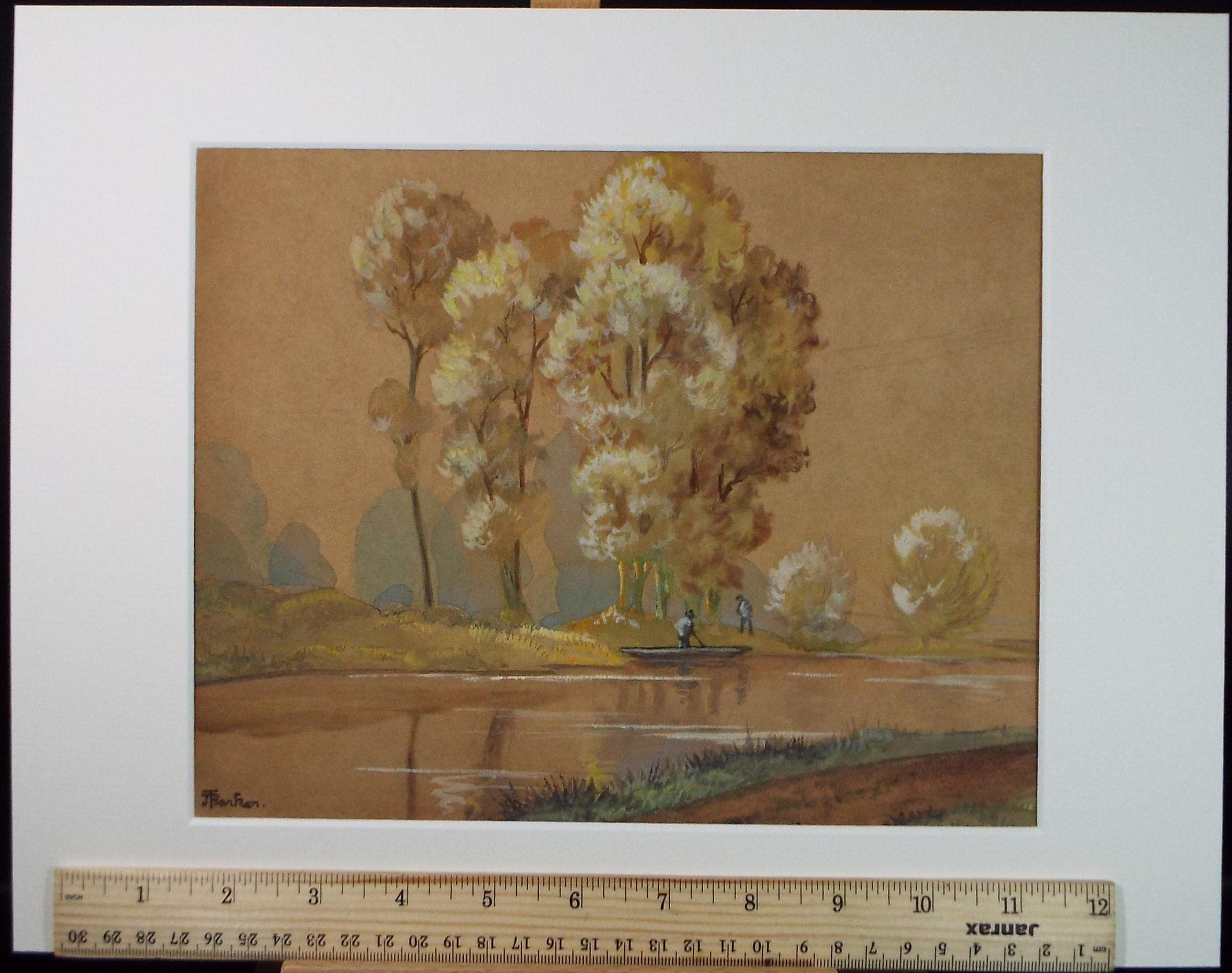 Original Watercolour & Gouache, 'Punting on the river', J Barker, circa 1930's