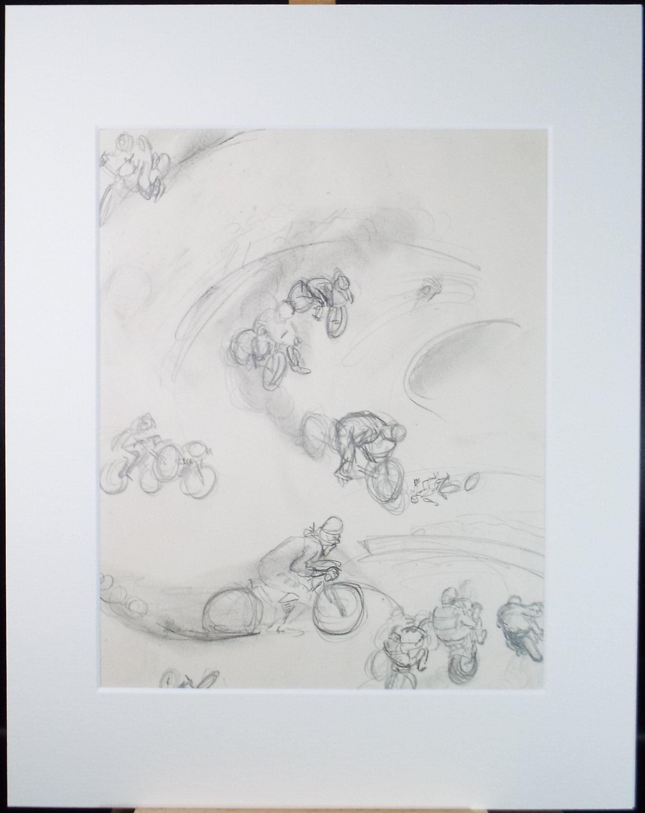 Original Pencil drawing, 'Motorcyclists', Circa 1950's, William D Clyne