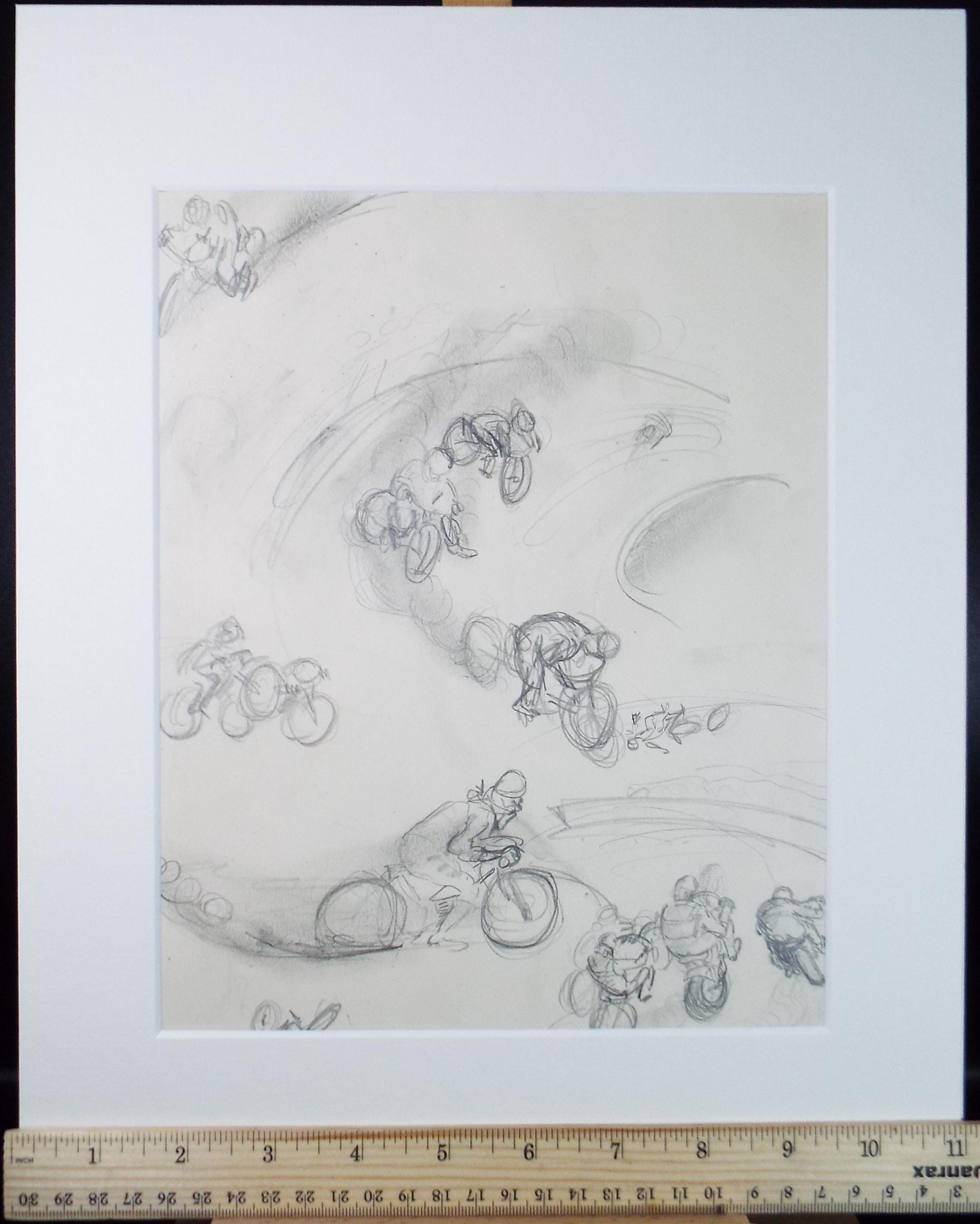 Original Pencil drawing, 'Motorcyclists', Circa 1950's, William D Clyne