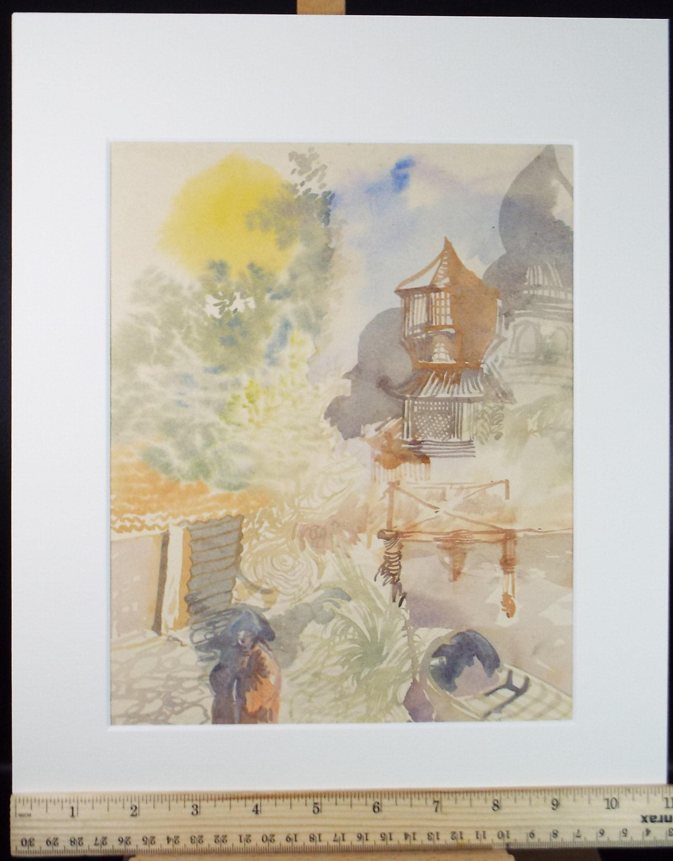 Vintage Japanese Garden Watercolour Painting - William D Clyne, c1950s