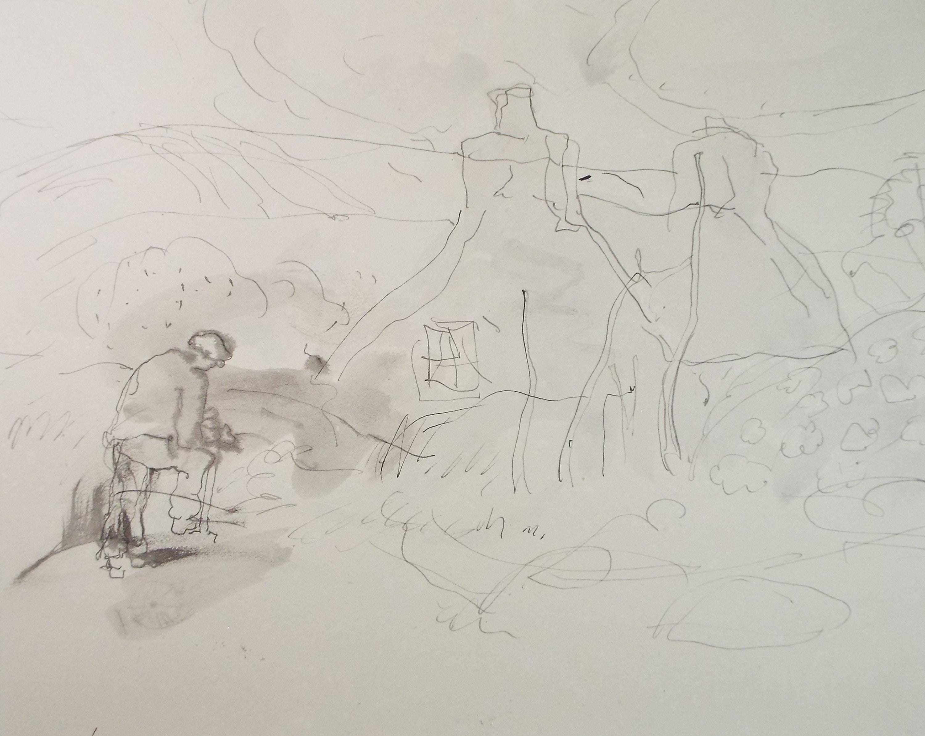 Original Ink & Wash Painting: 'Cottage with Figure' c1950s - William D Clyne