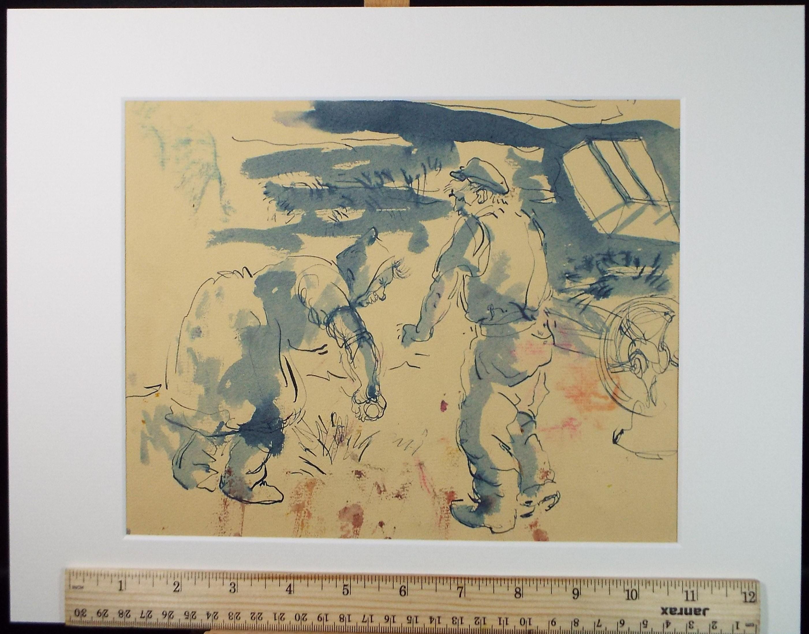 Vintage Farming Figures Watercolour Painting - William D Clyne (c1950s)