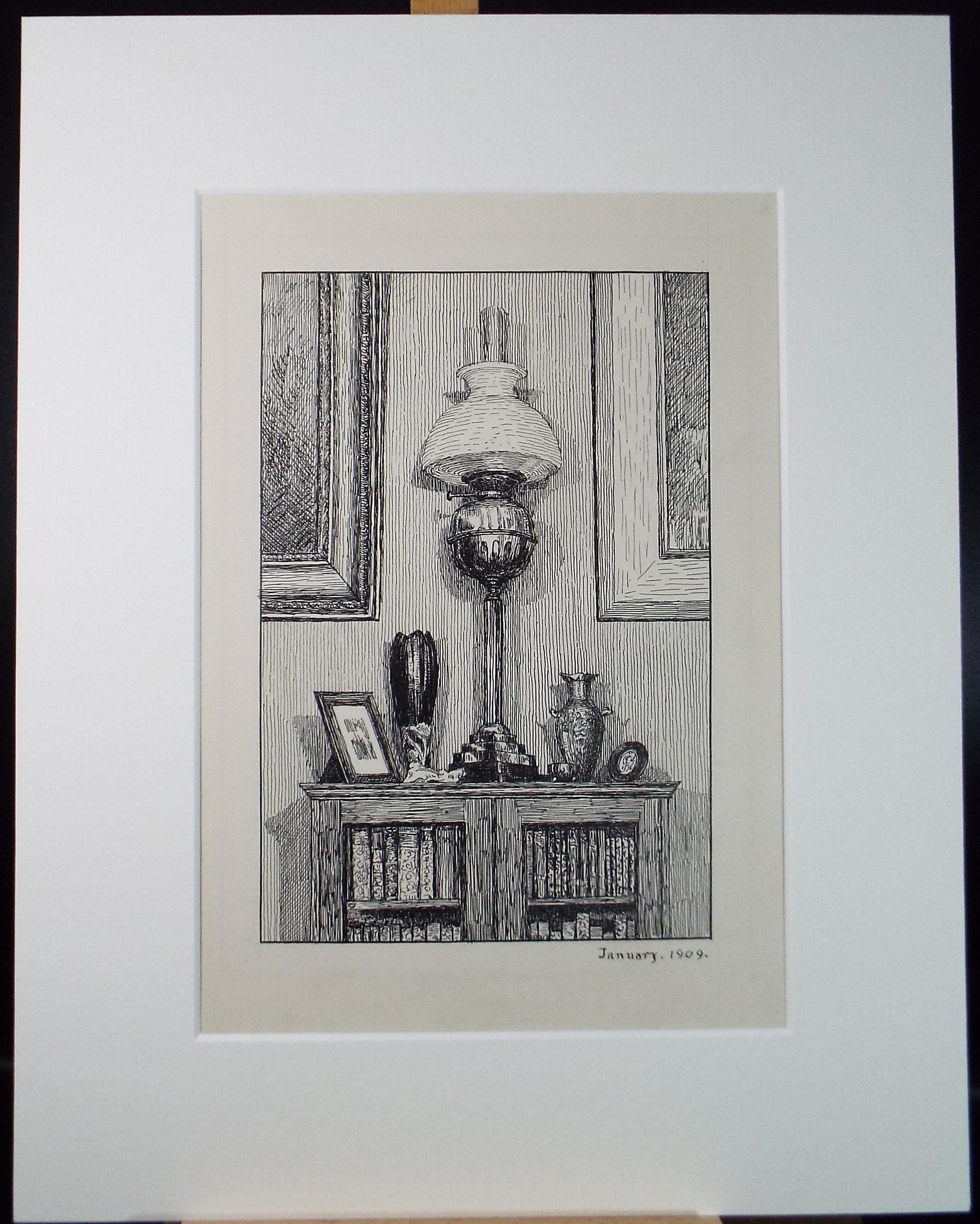 Original Pen & ink Sketch, 'Oil lamp on sideboard', S A Southern, Dated 1909