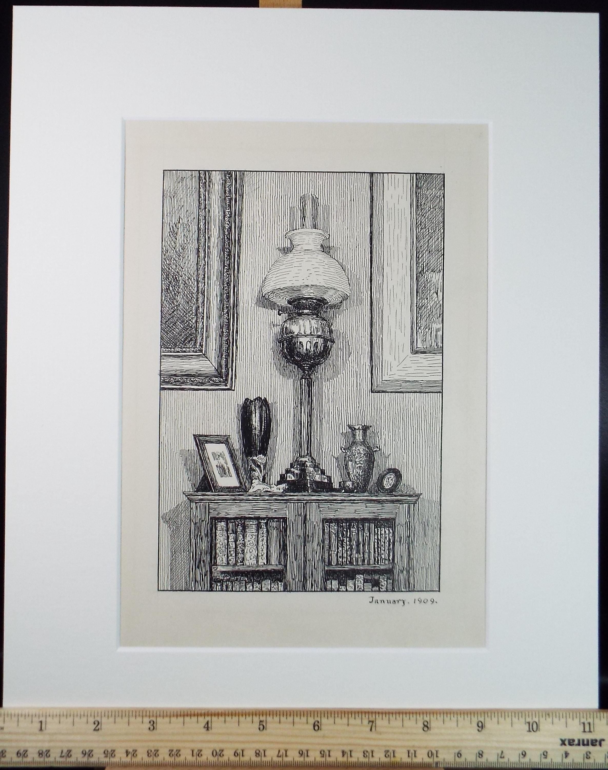 Original Pen & ink Sketch, 'Oil lamp on sideboard', S A Southern, Dated 1909