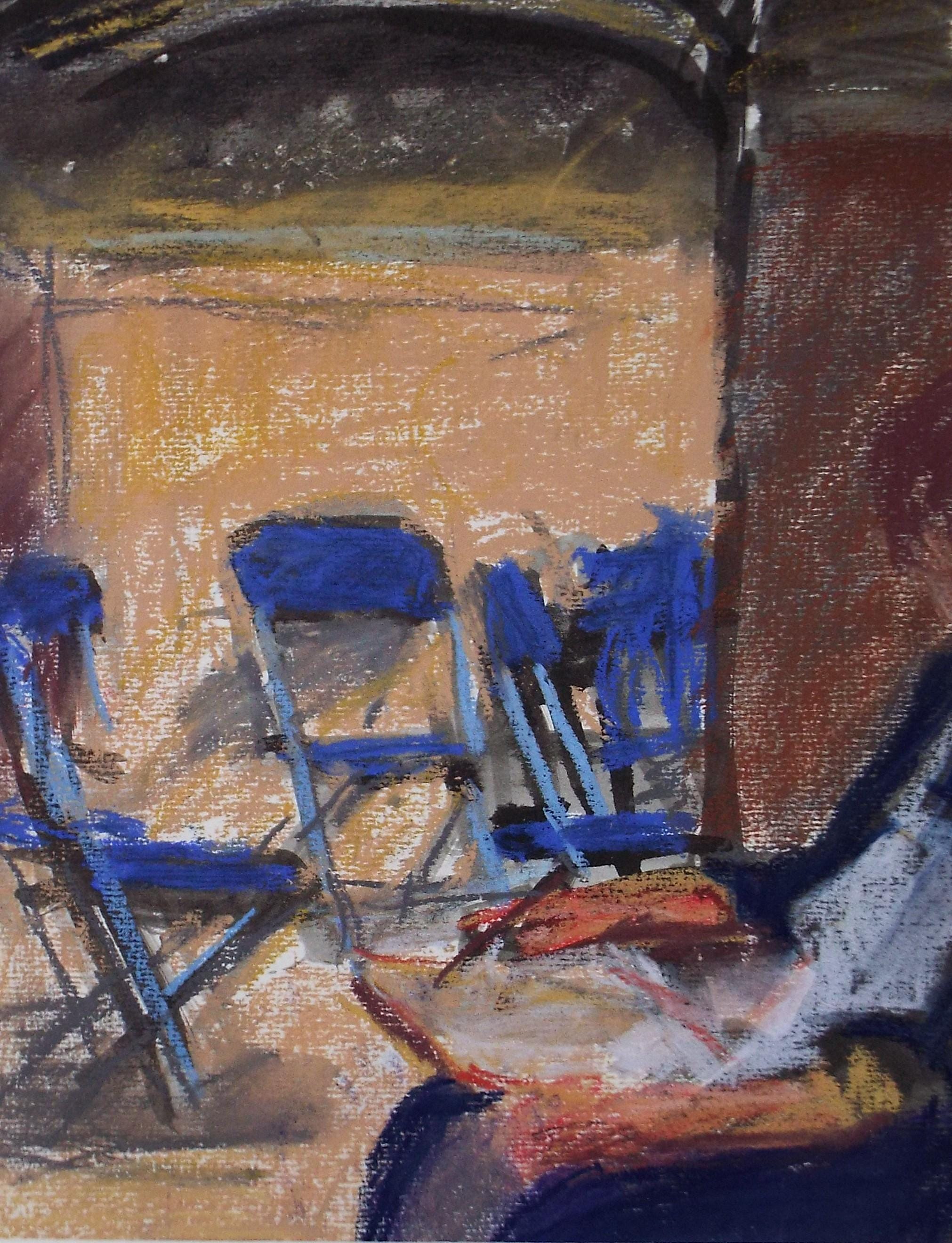 Original pastel drawing, 'figure with blue chairs', Pauline Plummer, 1990s