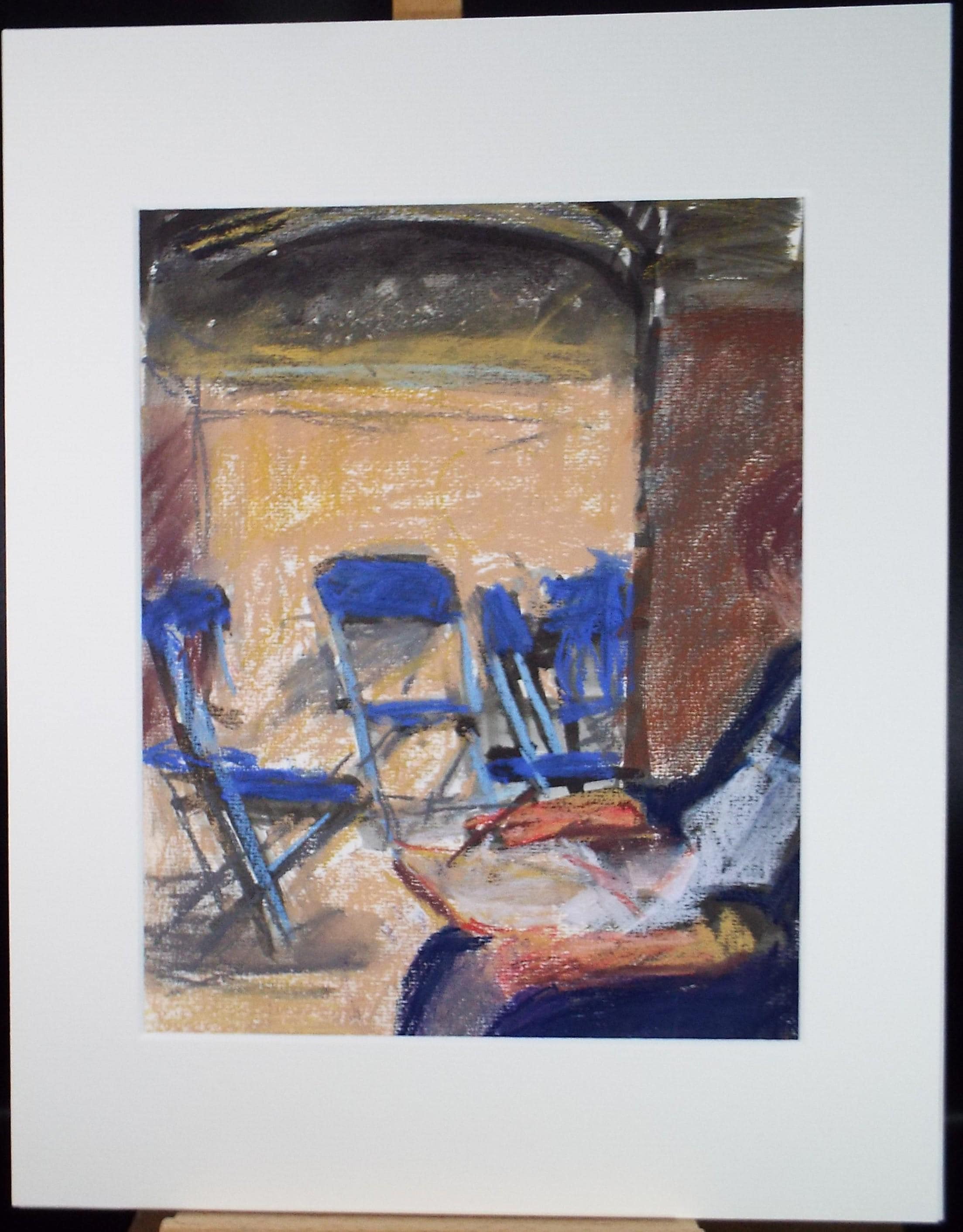 Original pastel drawing, 'figure with blue chairs', Pauline Plummer, 1990s