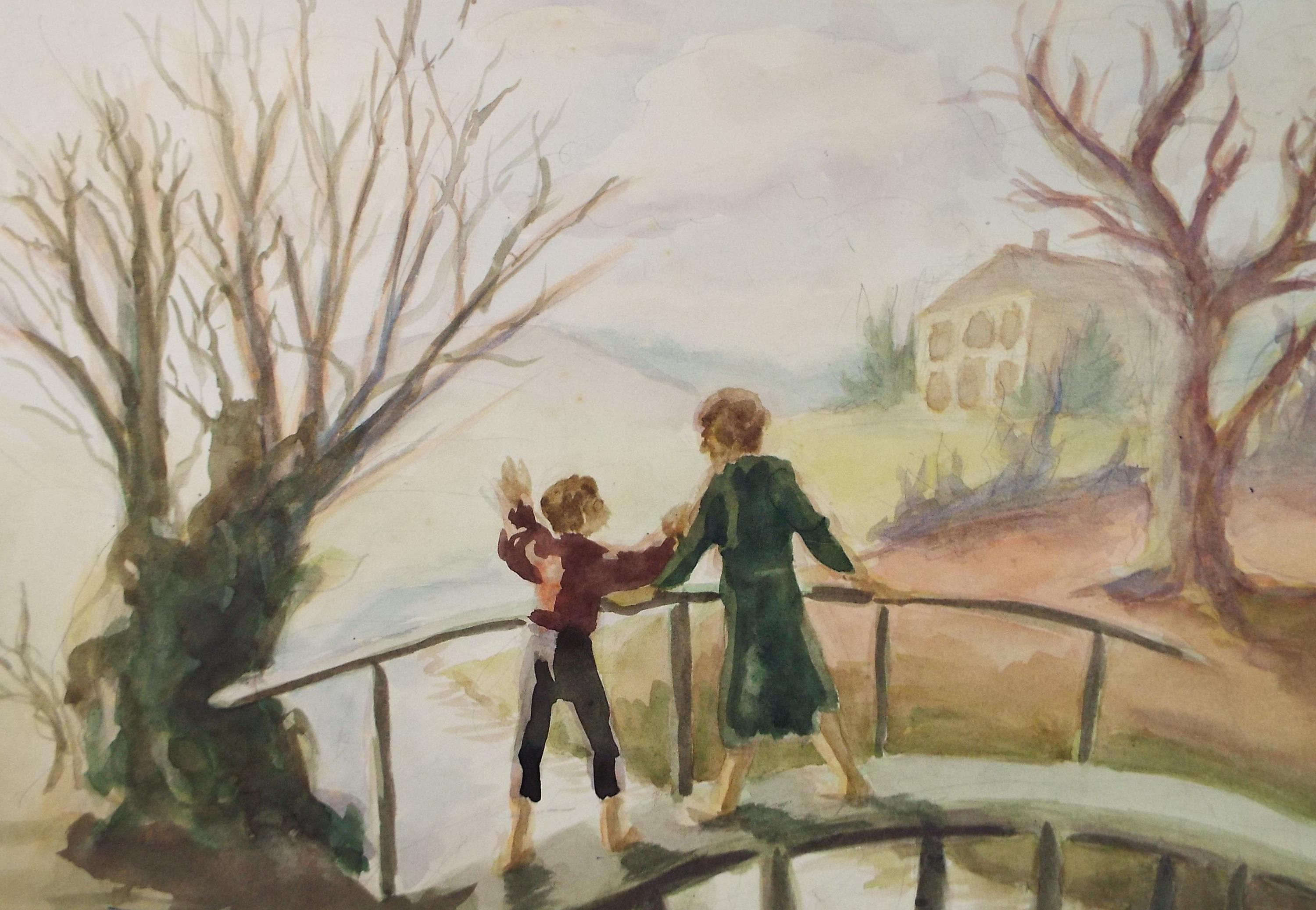 Original Watercolour, 'Two figures on a bridge', Pauline Plummer (b1933), Circa 1950's