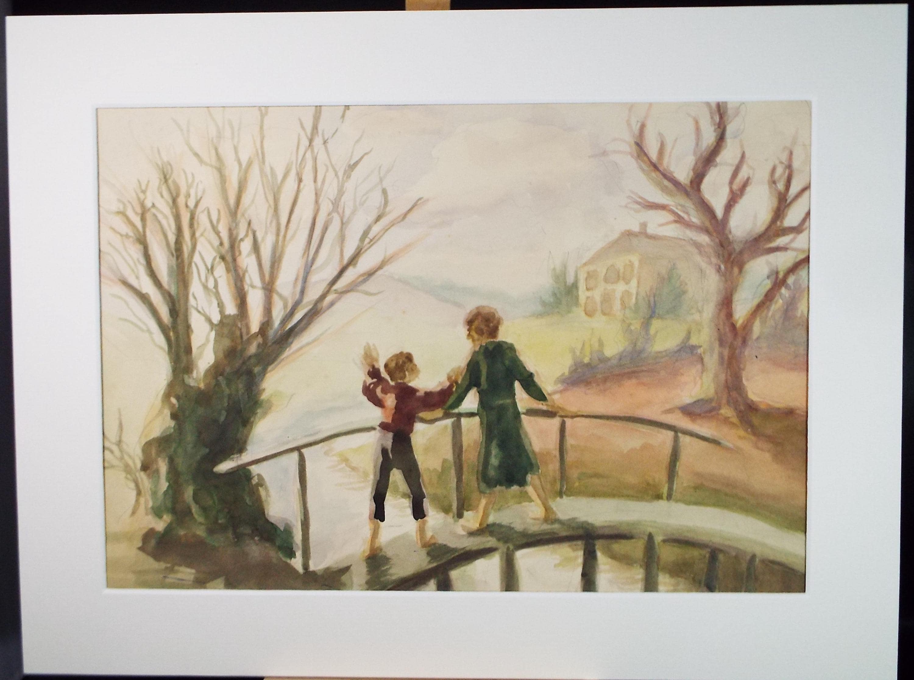 Original Watercolour, 'Two figures on a bridge', Pauline Plummer (b1933), Circa 1950's