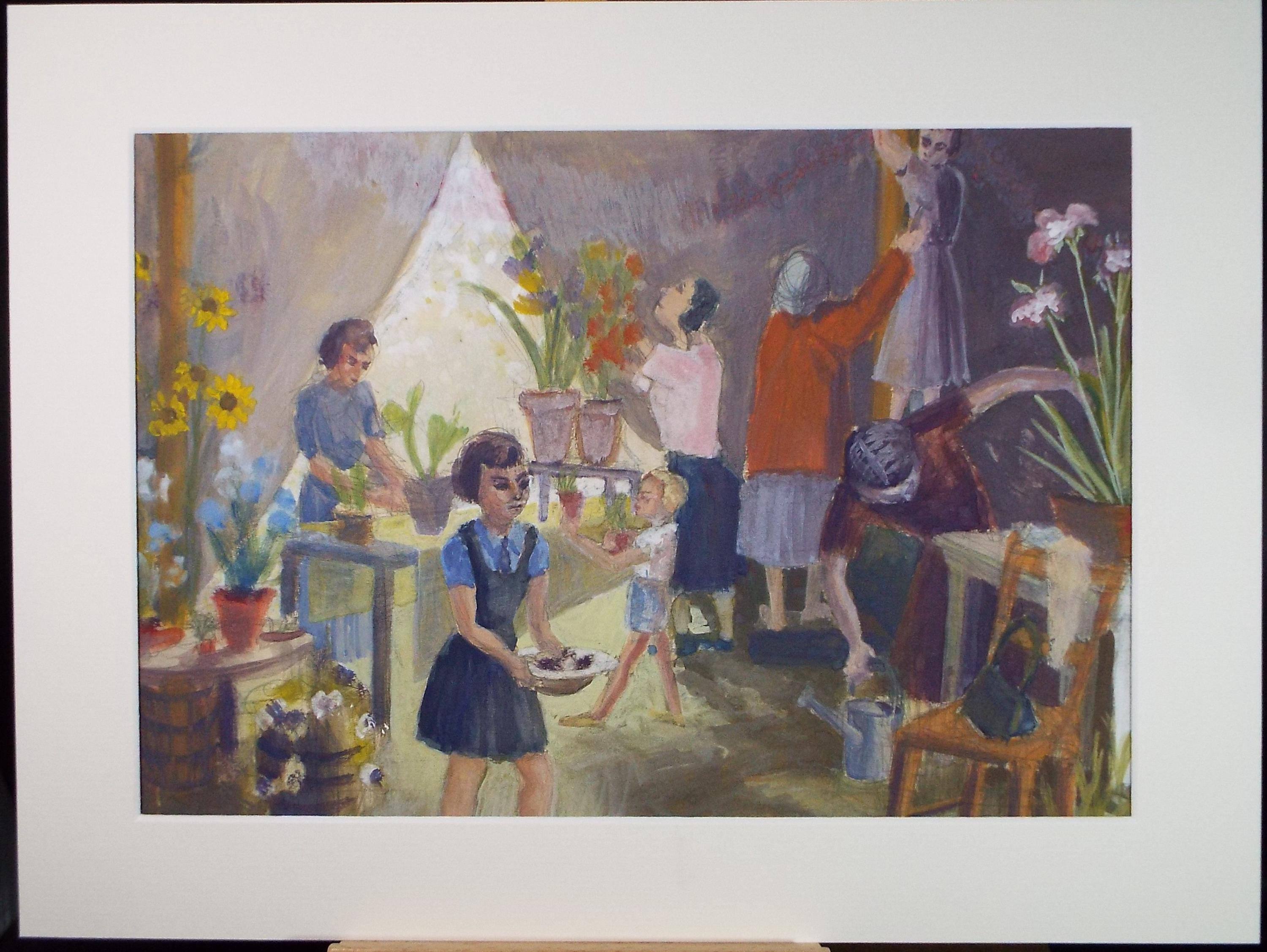 Original Watercolour, 'Flower Show with figures', Pauline Plummer (b1933), Circa 1950's