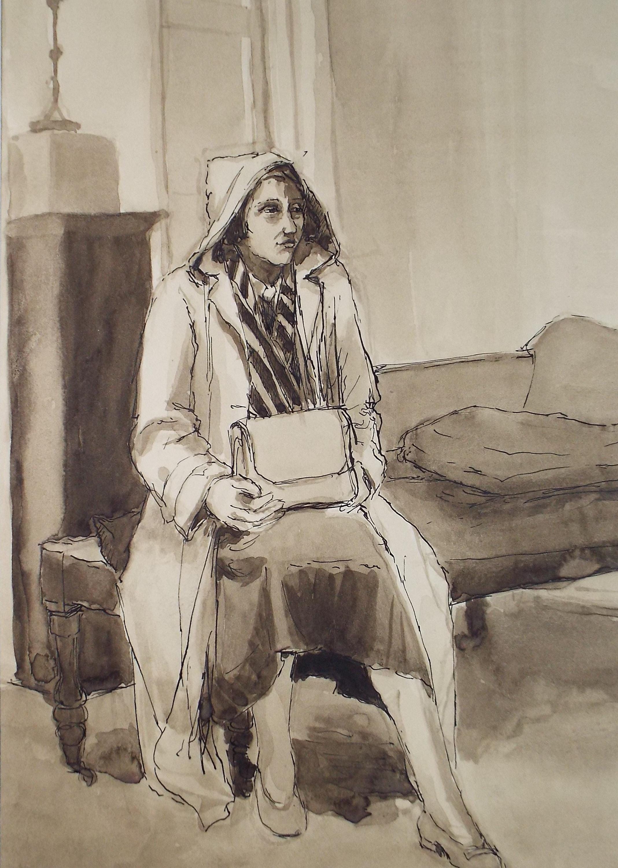 Original Watercolour & Ink ,'Seated woman with rain coat', Circa 1950's, Pauline Plummer (b 1933)