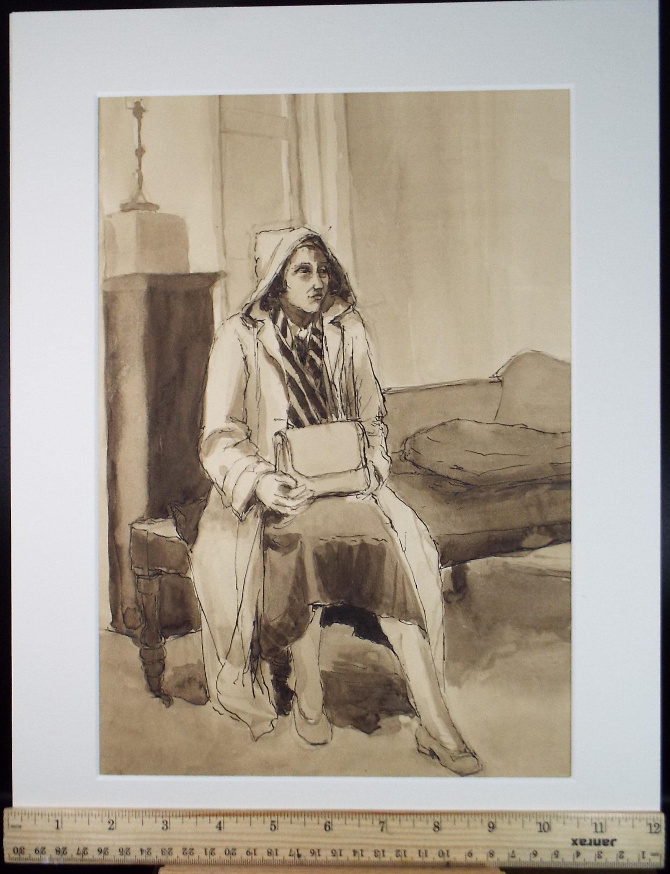 Original Watercolour & Ink ,'Seated woman with rain coat', Circa 1950's, Pauline Plummer (b 1933)