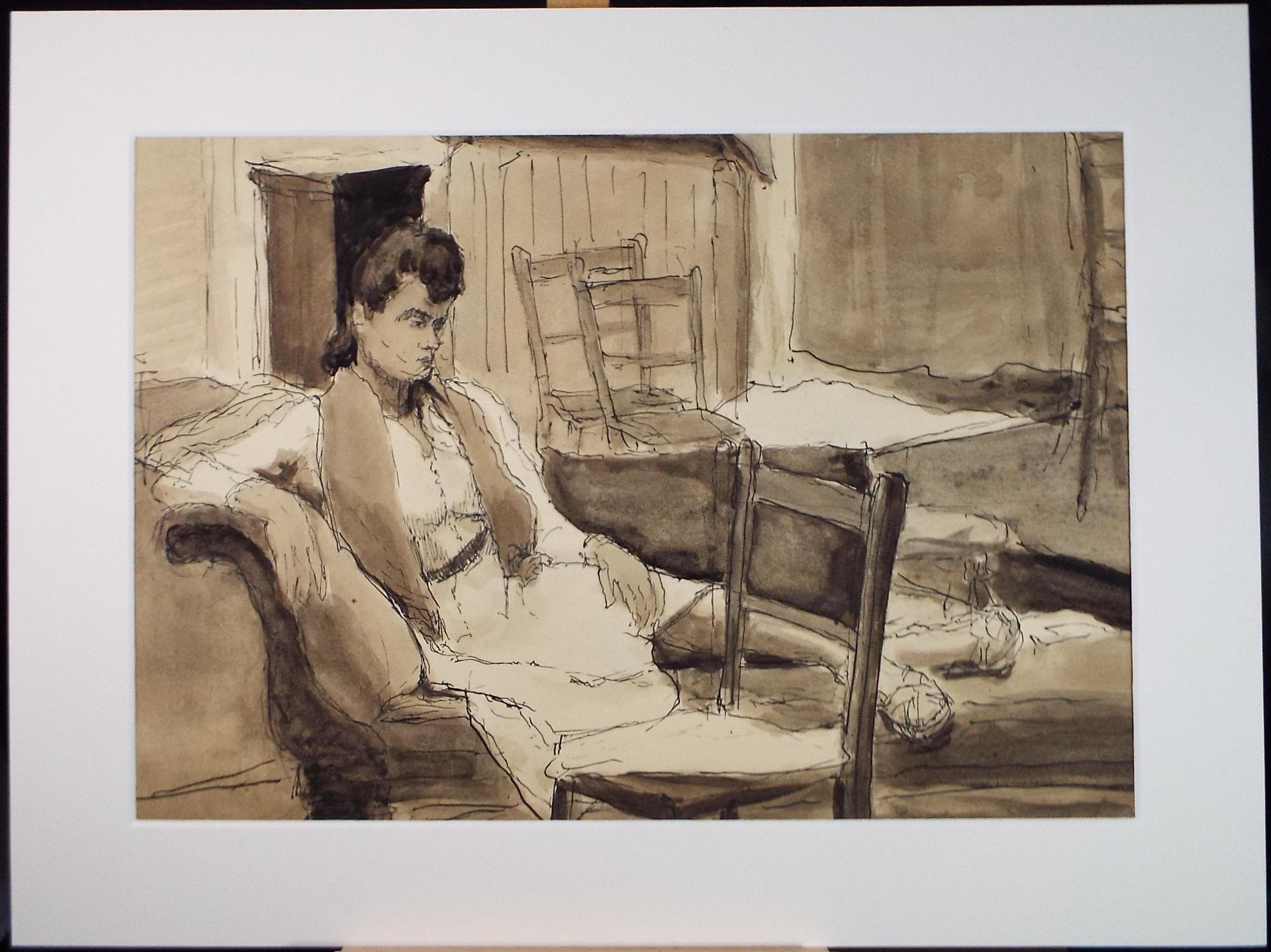 Original Watercolour & Ink ,'Woman on a Couch', Circa 1950's, Pauline Plummer (b 1933)