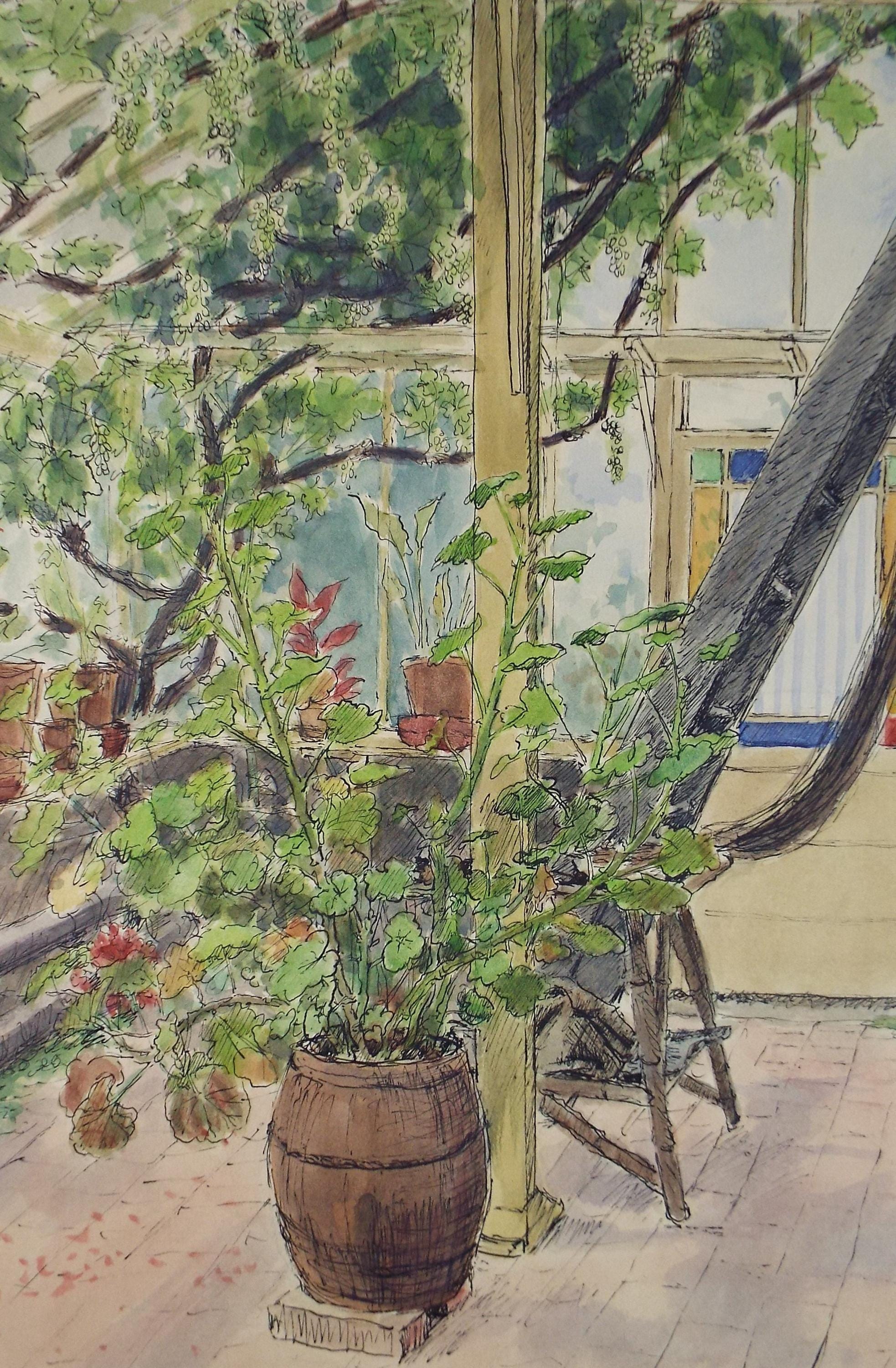 Watercolour and Ink, 'In the Conservatory',Pauline Plummer (b1933), circa 1950's