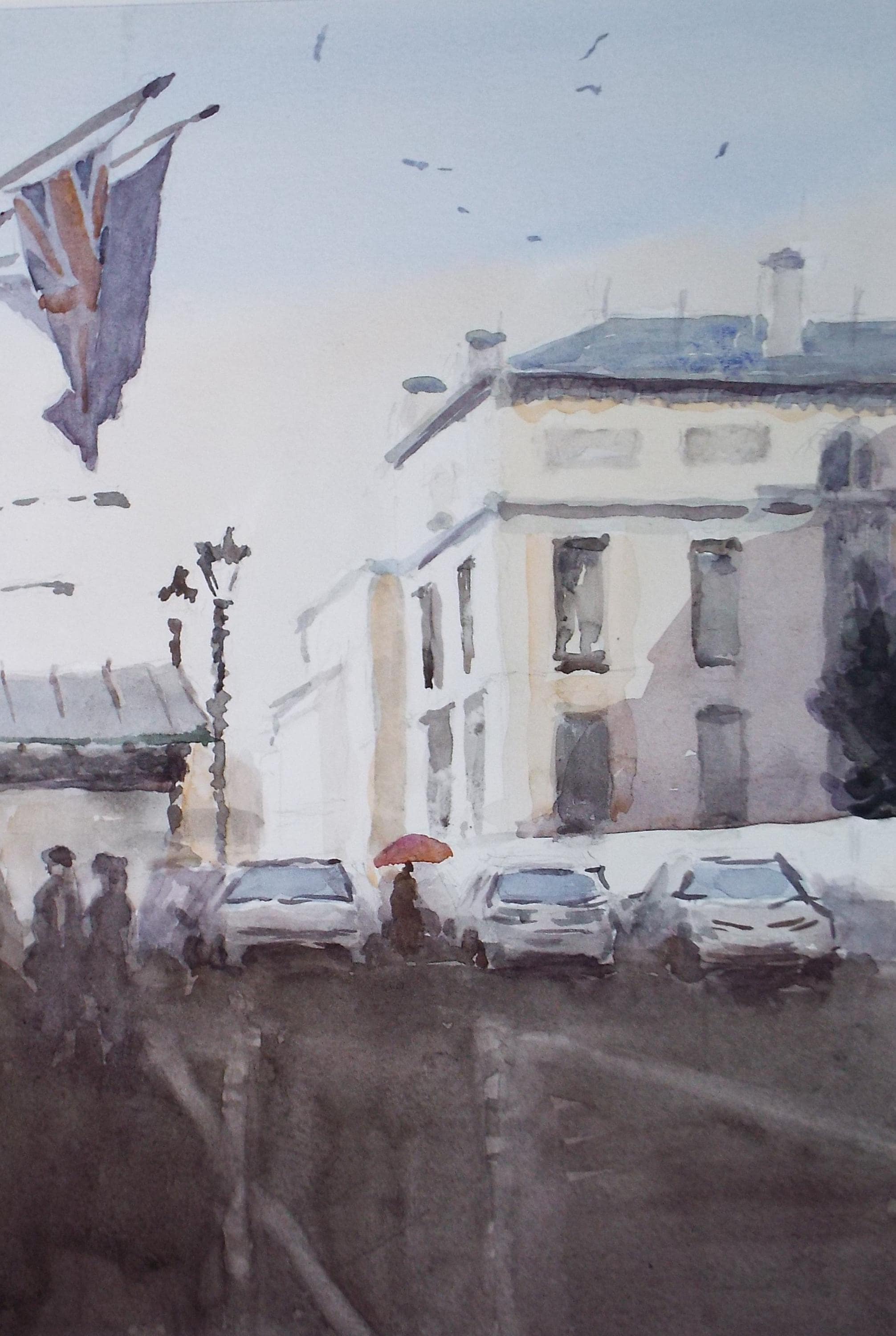Original Watercolour drawing, 'Street Scene with cars', Pauline Plummer (b1933), Circa 1990's