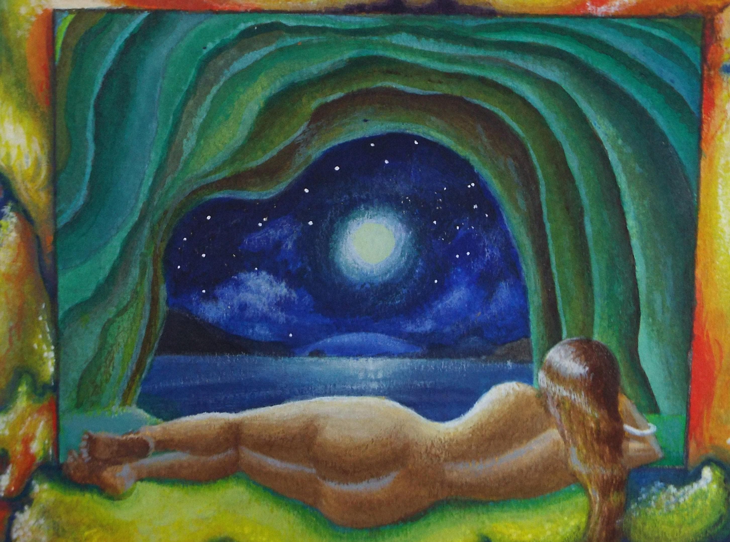 Original Watercolour, 'Cave with nude and moonlit sky', Circa 1990's, artist unknown