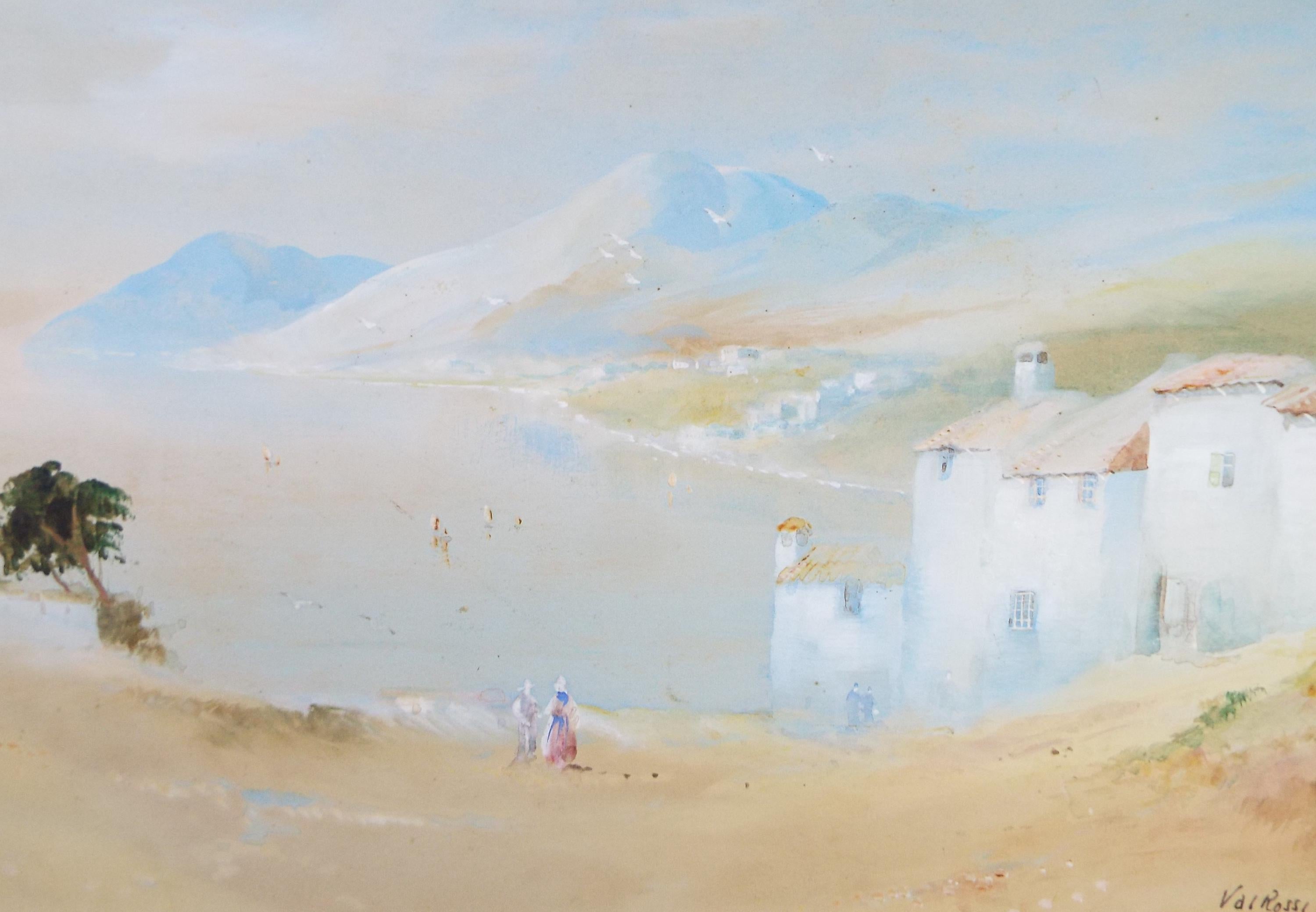 Original Watercolour, 'Expansive bay with figures', Val Rossi, circa 1960's