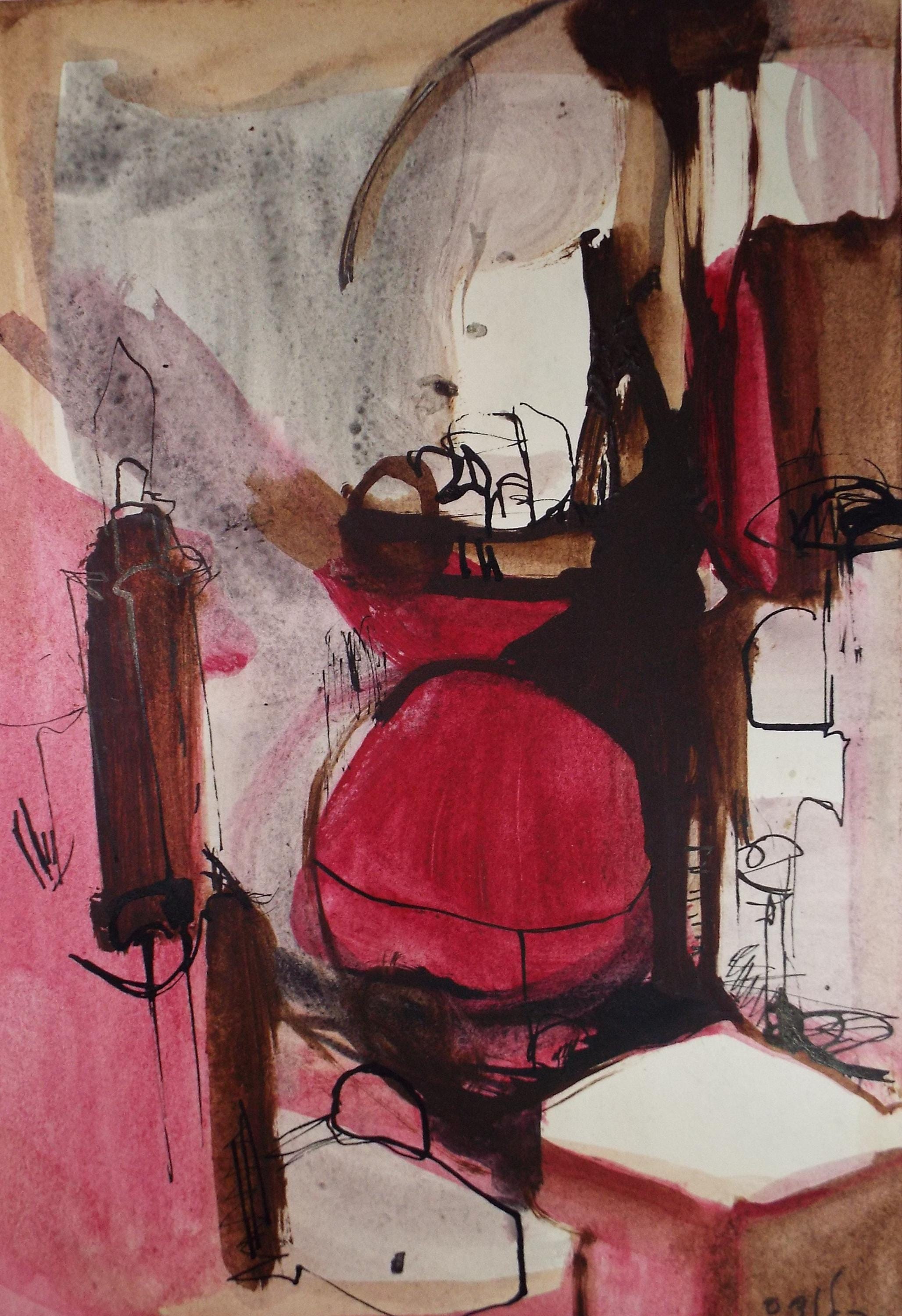 Original Watercolour & Ink, 'Abstract in Purple' circa 1970's, Artist unknown