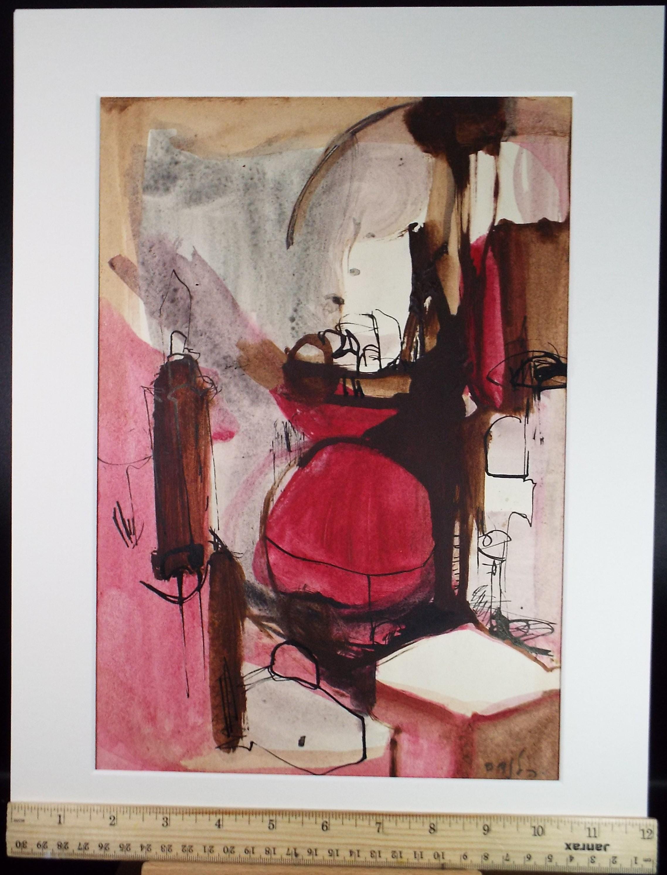 Original Watercolour & Ink, 'Abstract in Purple' circa 1970's, Artist unknown