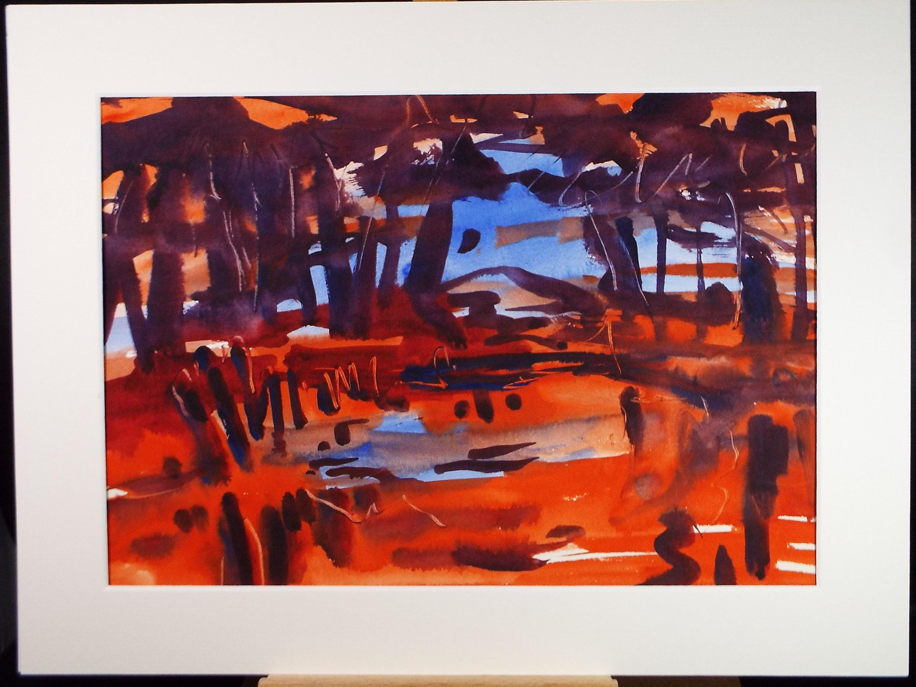 Original Watercolour, 'Abstract Landscape in Red and Blue', Circa 1970's , artist Unknown