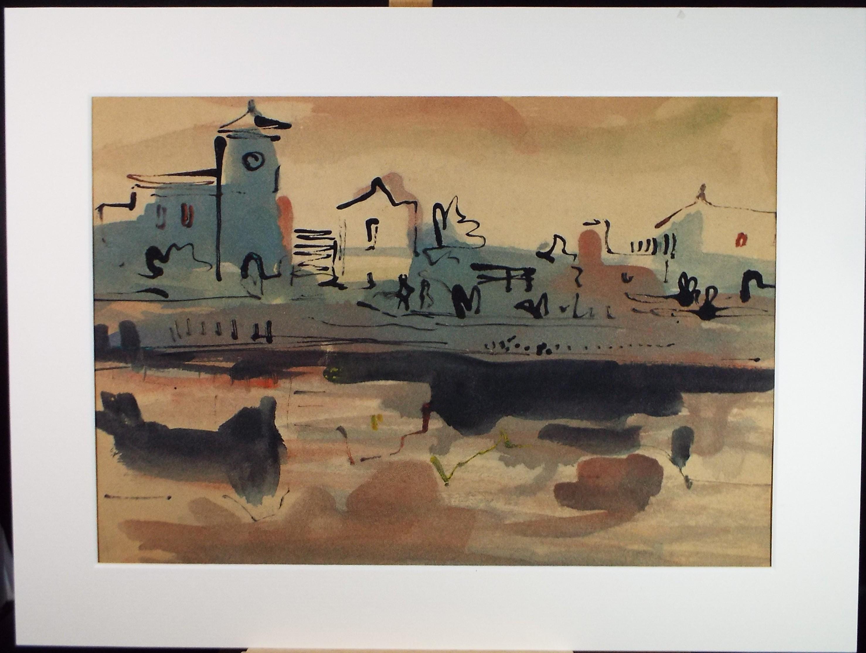 Original Watercolour, 'Coastal Town', Circa 1970's , artist Unknown