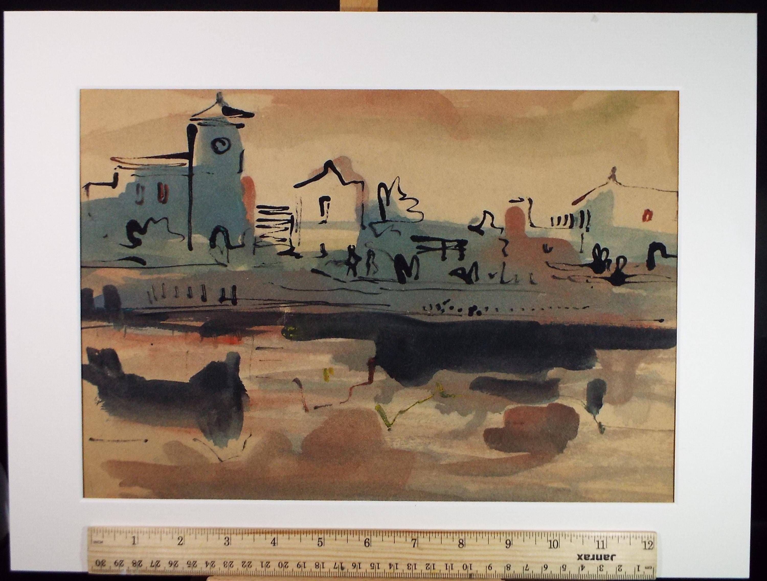 Original Watercolour, 'Coastal Town', Circa 1970's , artist Unknown
