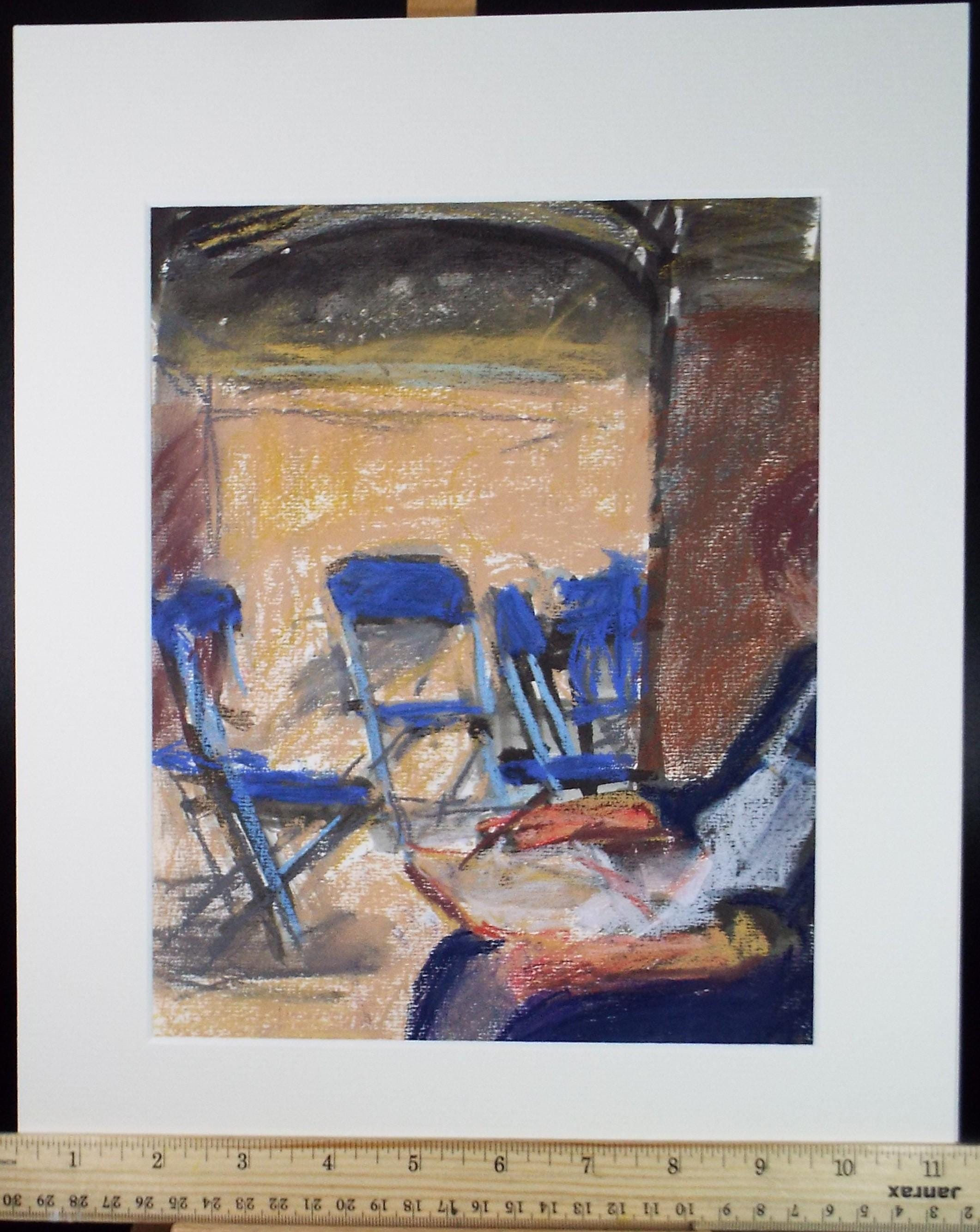 Original pastel drawing, 'figure with blue chairs', Pauline Plummer, 1990s