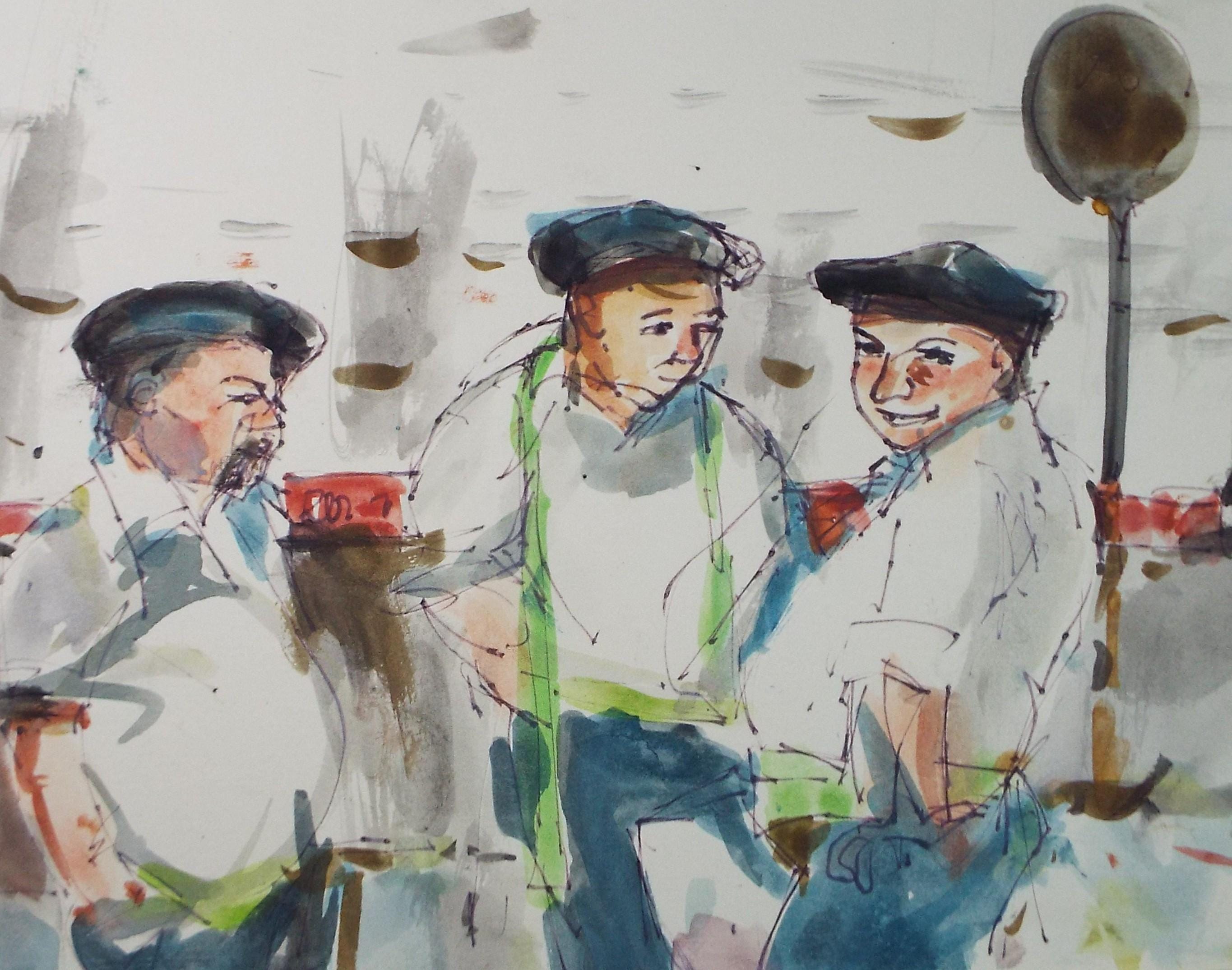 Original Watercolour & ink, 'Breton Figures', J Cakebread, Circa 1980's