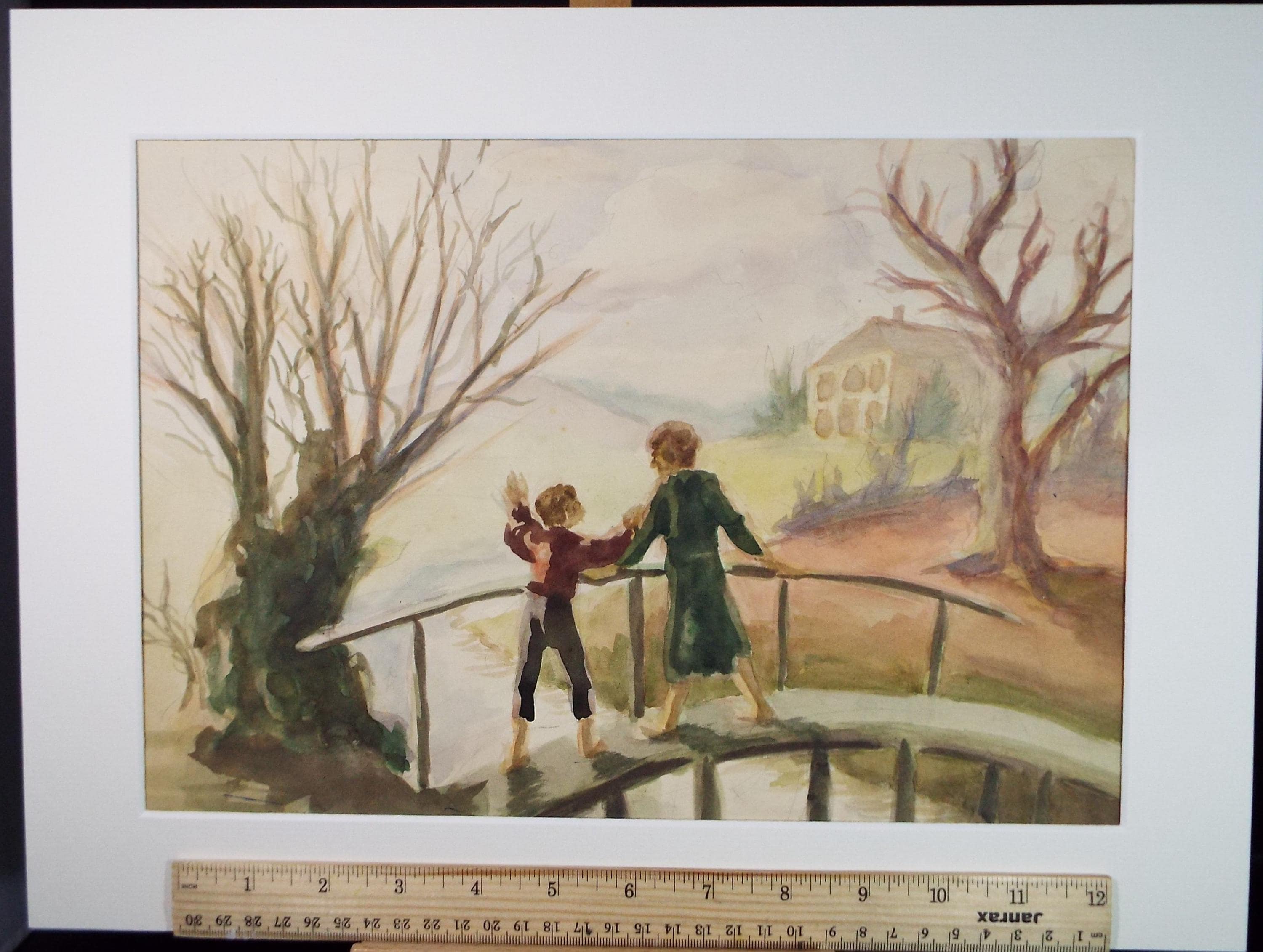 Original Watercolour, 'Two figures on a bridge', Pauline Plummer (b1933), Circa 1950's