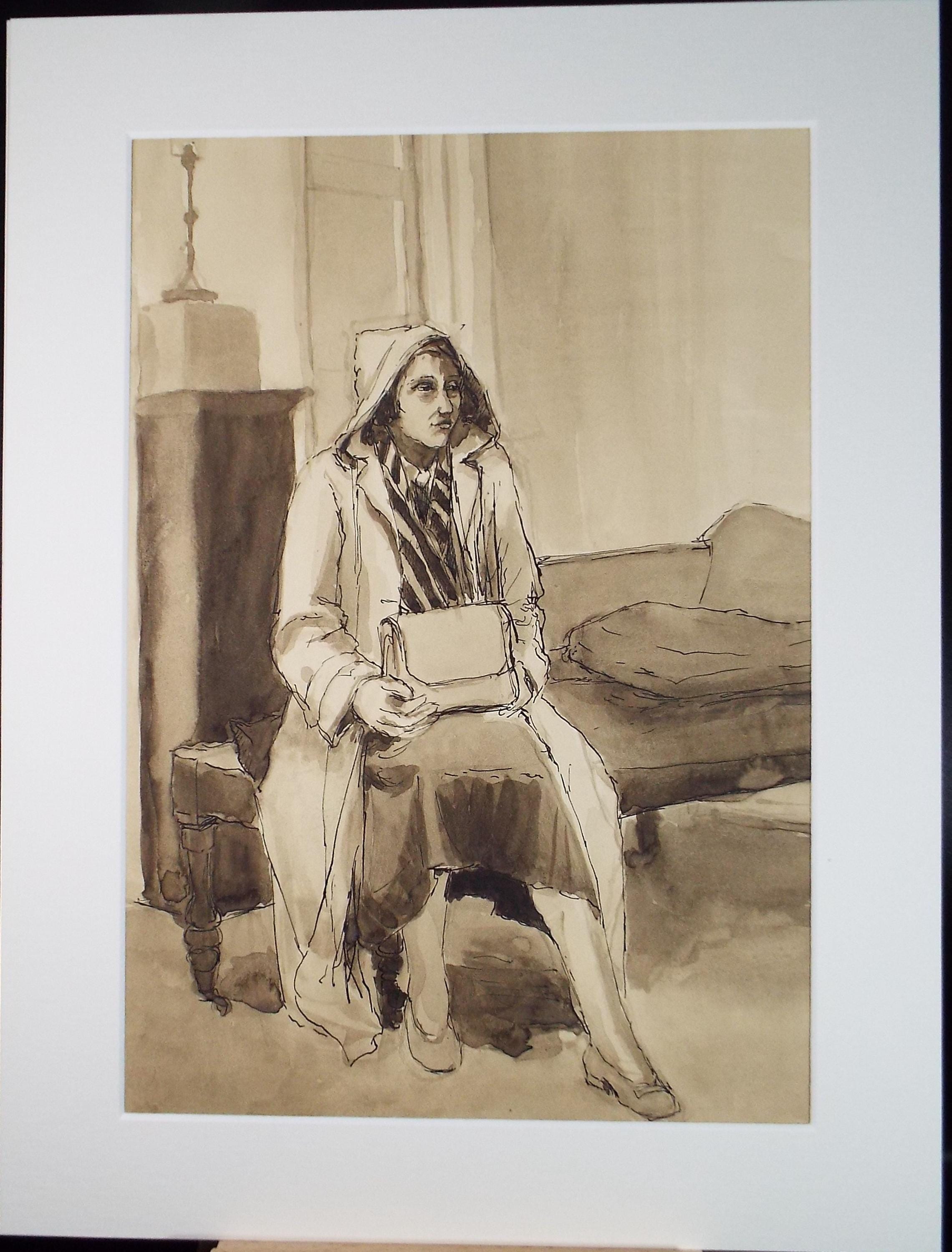 Original Watercolour & Ink ,'Seated woman with rain coat', Circa 1950's, Pauline Plummer (b 1933)