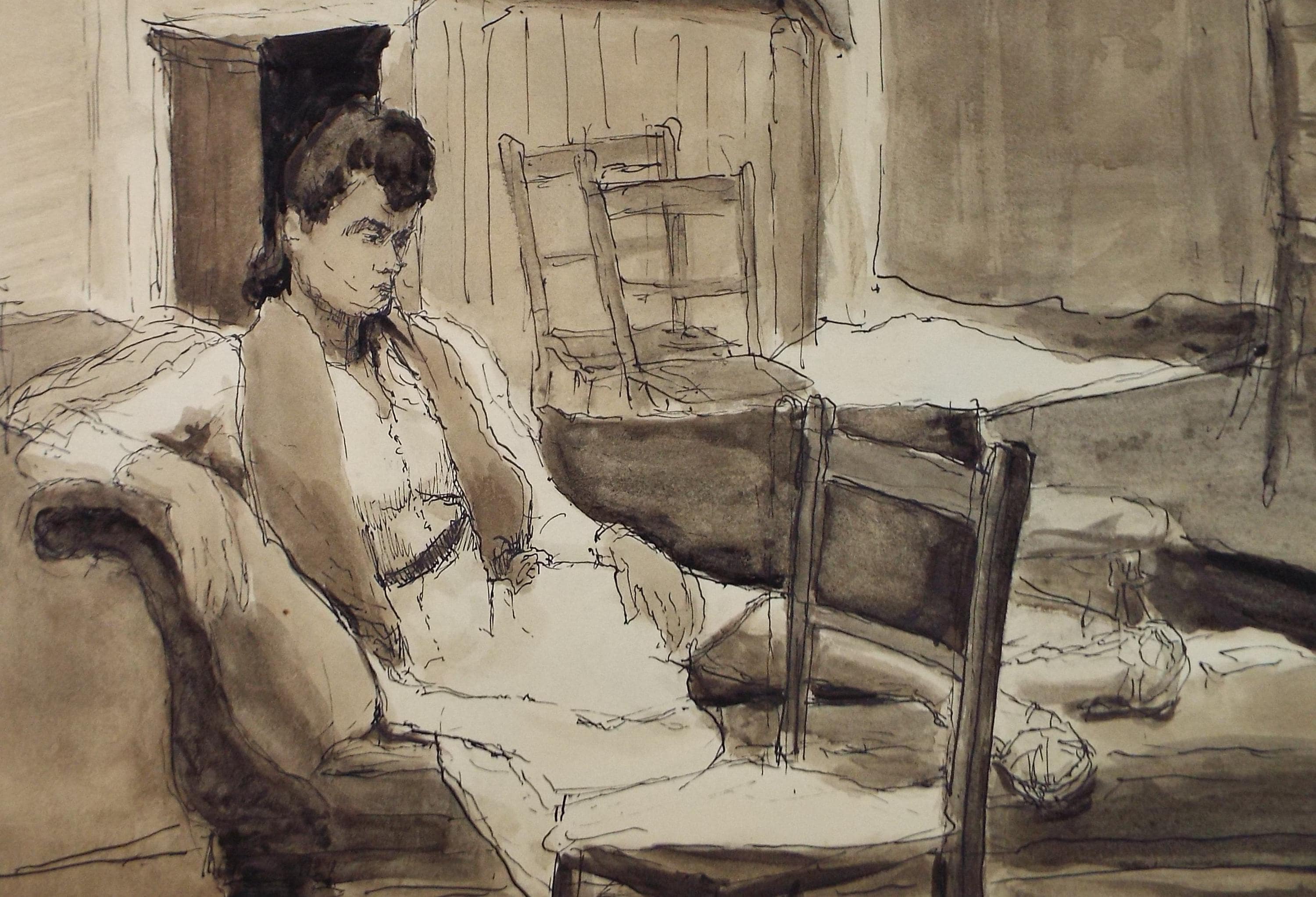 Original Watercolour & Ink ,'Woman on a Couch', Circa 1950's, Pauline Plummer (b 1933)