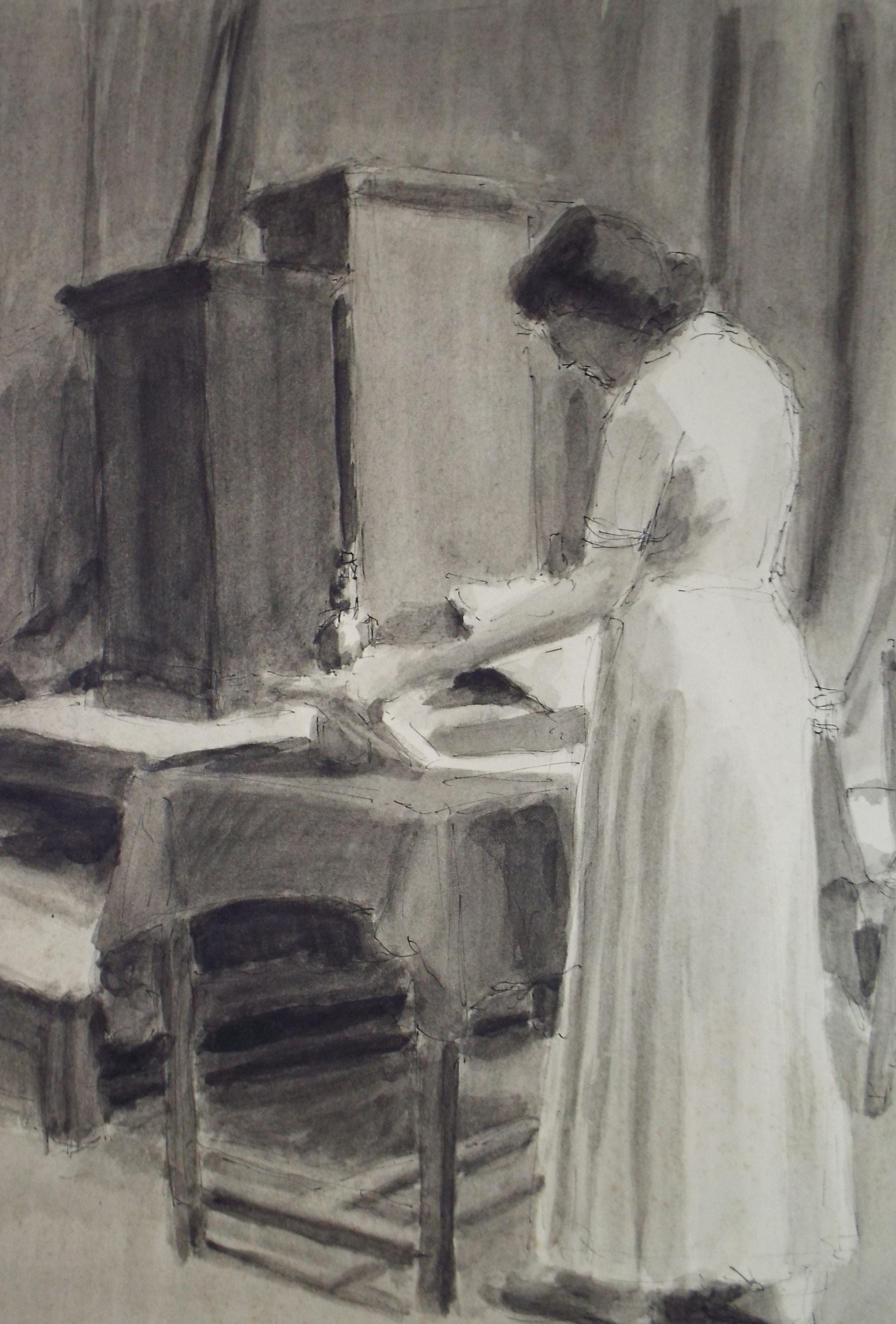 Original Watercolour & Ink ,'Standing Woman reading', Circa 1950's, Pauline Plummer (b 1933)