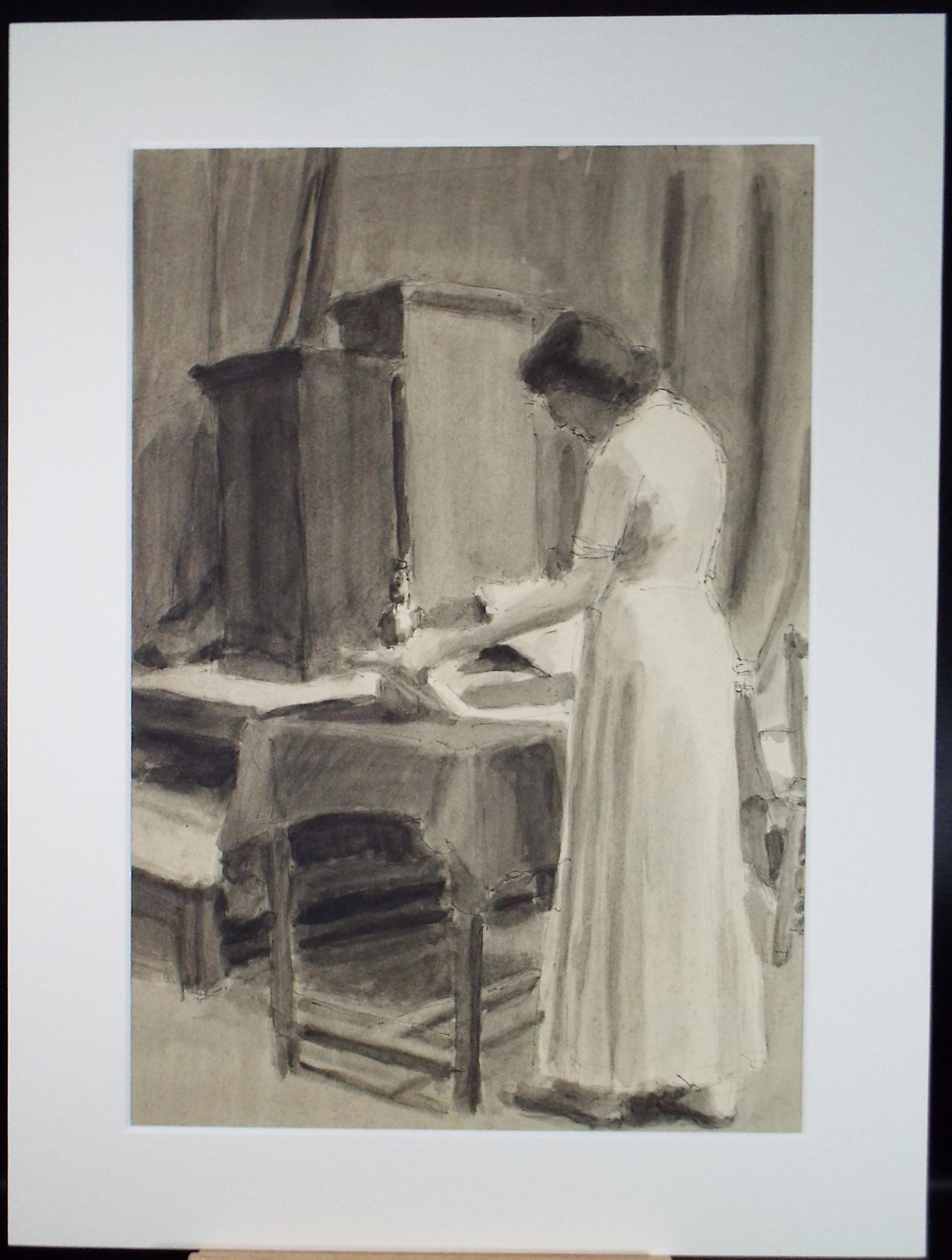 Original Watercolour & Ink ,'Standing Woman reading', Circa 1950's, Pauline Plummer (b 1933)